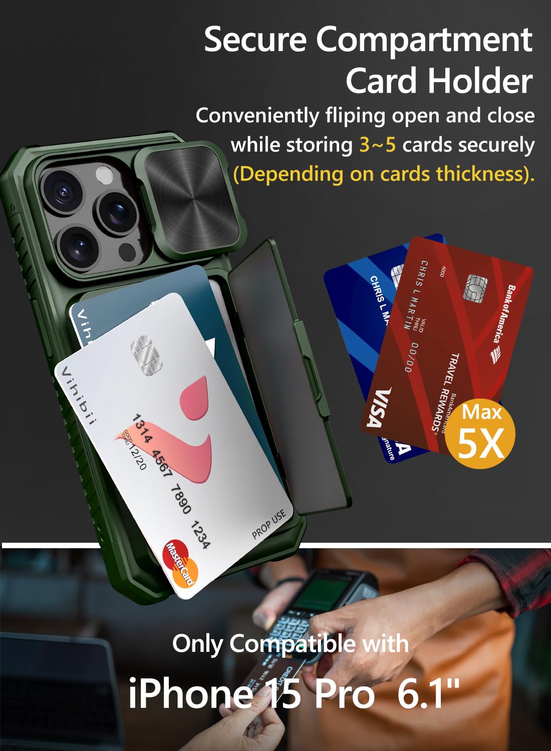 Vihibii for iPhone 15 Pro Max Case with Card Holder & Slide Camera Cover & Kickstand, Military Grade Drop Protection, Rugged Hard Back & Silicone Edge Wallet Phone Case