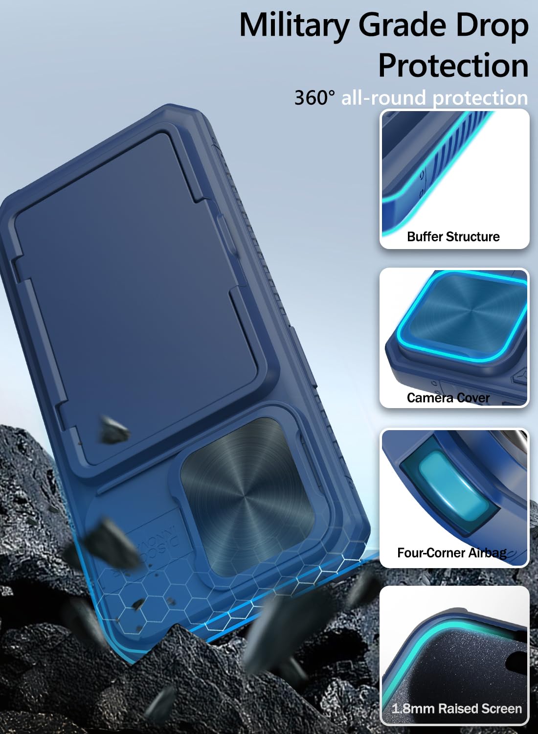 Vihibii for iPhone 15 Pro Max Case with Card Holder & Slide Camera Cover & Kickstand, Military Grade Drop Protection, Rugged Hard Back & Silicone Edge Wallet Phone Case