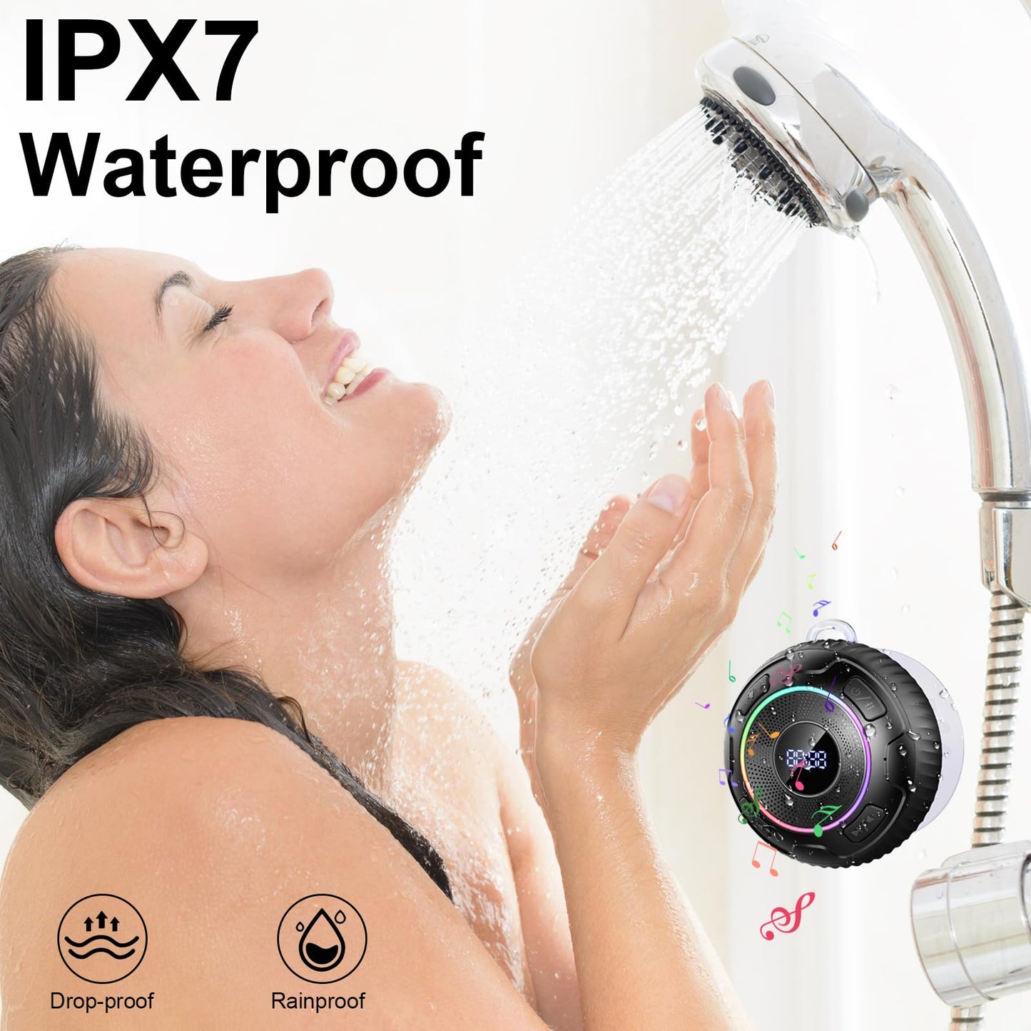 Bluetooth Shower Speaker, Portable Bluetooth Speaker V5.3 360°Surround Sound with Suction Cup/Lanyard, IPX7 Waterproof Mini Wireless Speaker with Built-in Mics, RGB Lights for Bathroom/Travel/Party