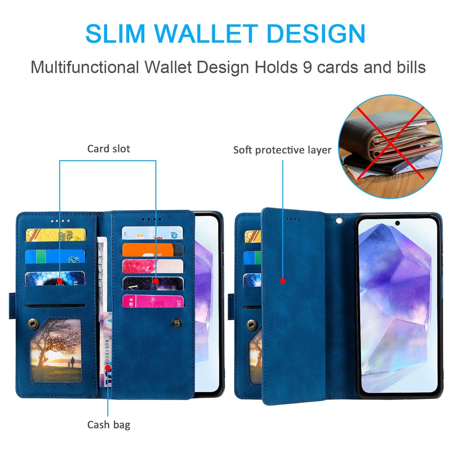 UEEBAI Wallet Case for Samsung Galaxy A15 – Retro PU Leather Flip Cover with 9 Card Slots, Zipper Pocket, Magnetic Closure, Kickstand & Wrist Strap, Shockproof Protective Case