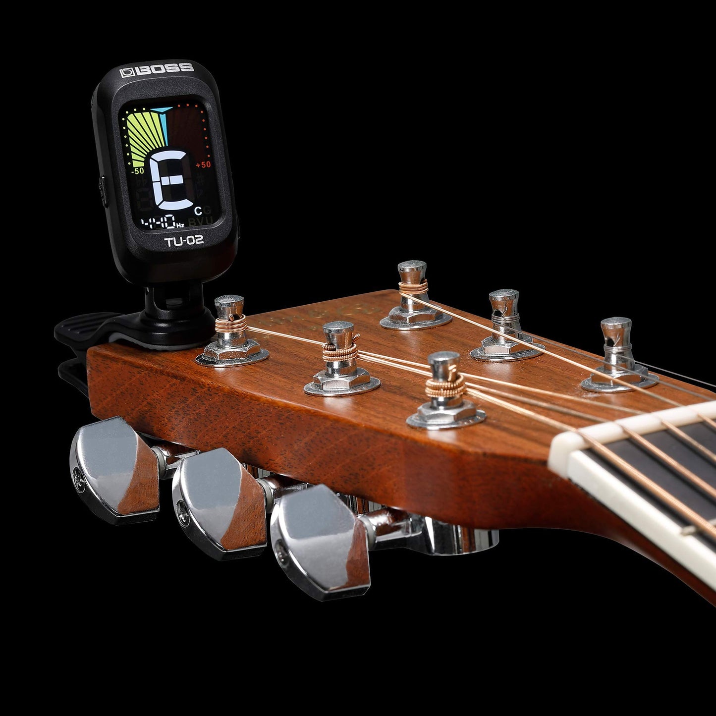 BOSS TU-02 Chromatic Clip-On Tuner for Guitar, Bass & Ukulele – Precise Battery-Powered Tuner with High-Contrast Color Display, Black