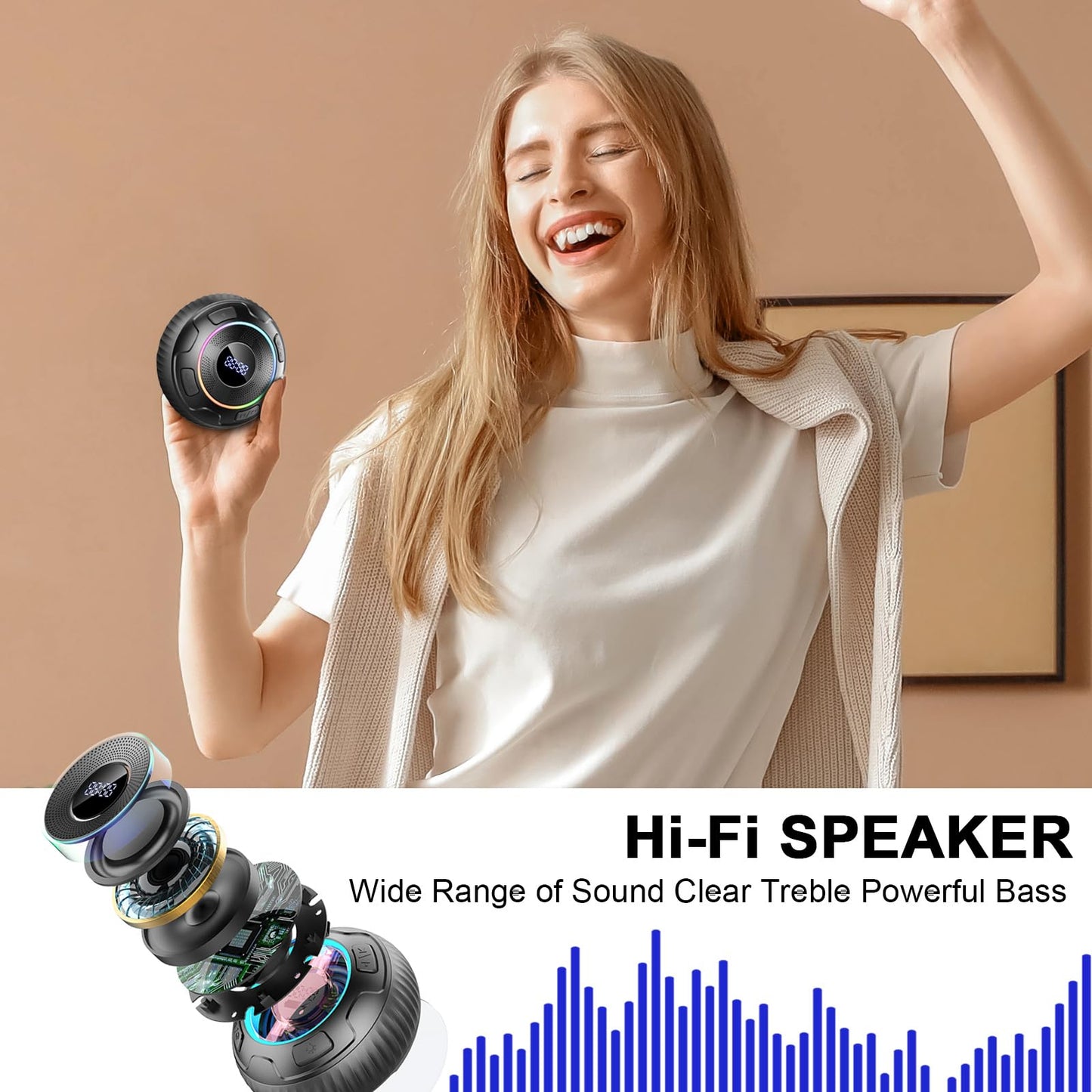 Bluetooth Shower Speaker, Portable Bluetooth Speaker V5.3 360°Surround Sound with Suction Cup/Lanyard, IPX7 Waterproof Mini Wireless Speaker with Built-in Mics, RGB Lights for Bathroom/Travel/Party