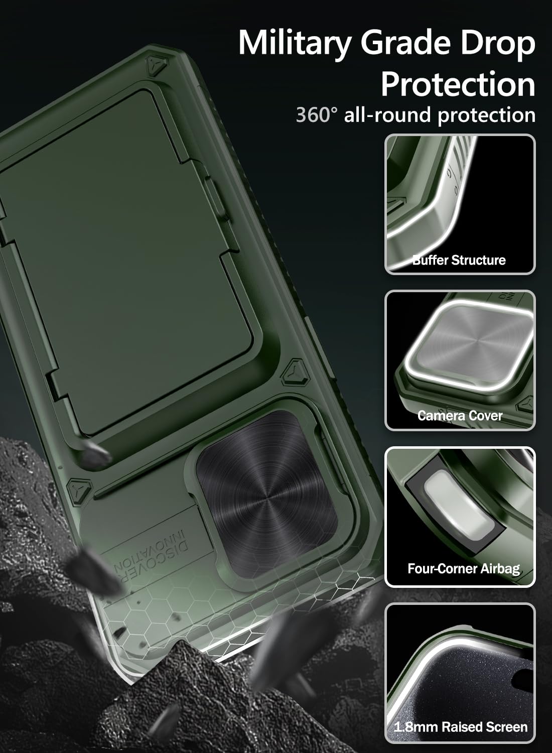 Vihibii for iPhone 15 Pro Max Case with Card Holder & Slide Camera Cover & Kickstand, Military Grade Drop Protection, Rugged Hard Back & Silicone Edge Wallet Phone Case