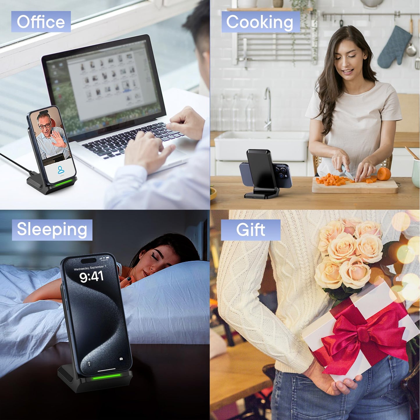 Wireless Charger, 15W Wireless Charging Stand, Wireless Charging Station for iPhone/Pro/Max/Plus, Samsung Galaxy and Qi-Enabled Phone