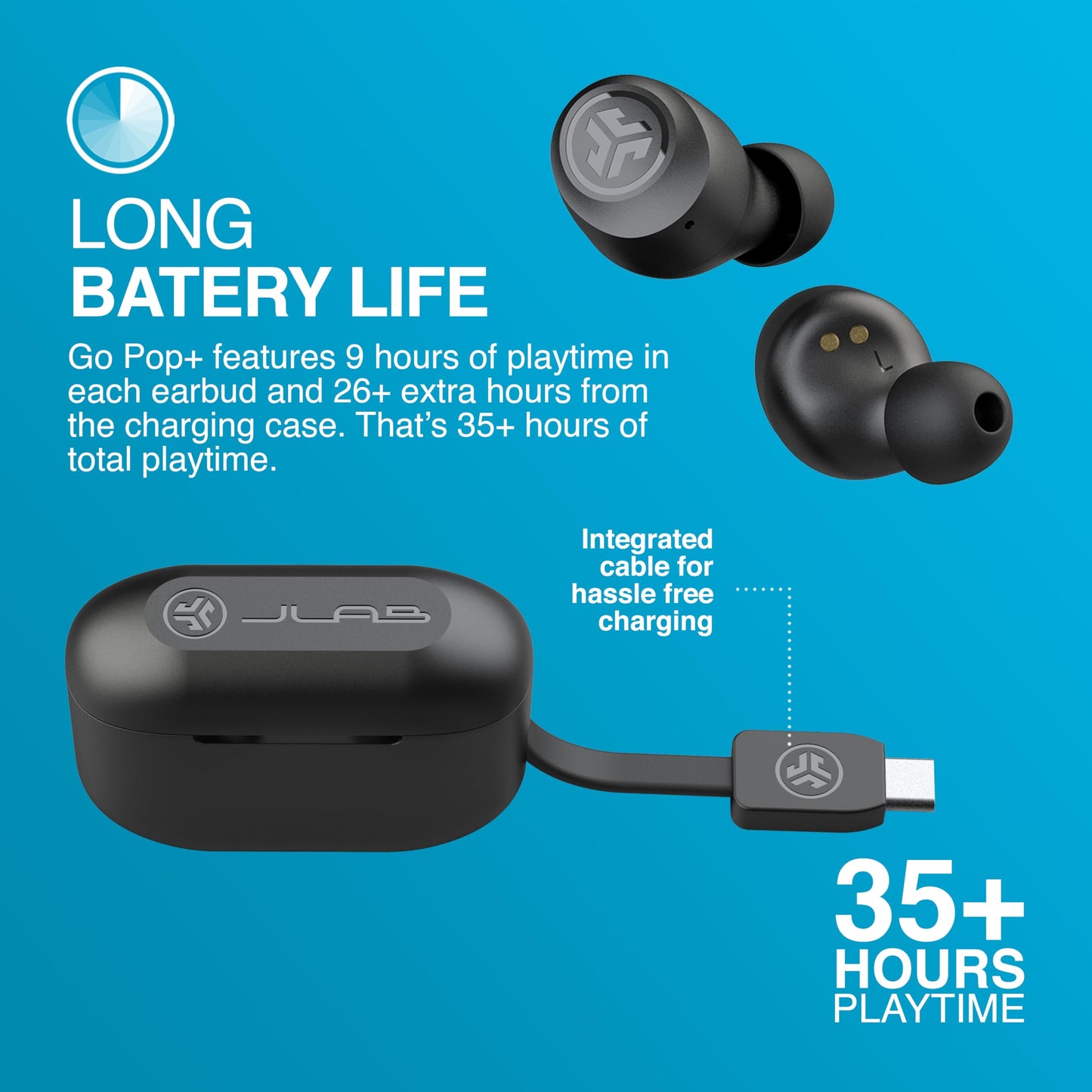 JLab Go Air Pop+ True Wireless Earbuds – Bluetooth Earphones with 35H Playtime, USB-C Charging Case, EQ3 Sound & Multipoint, Black