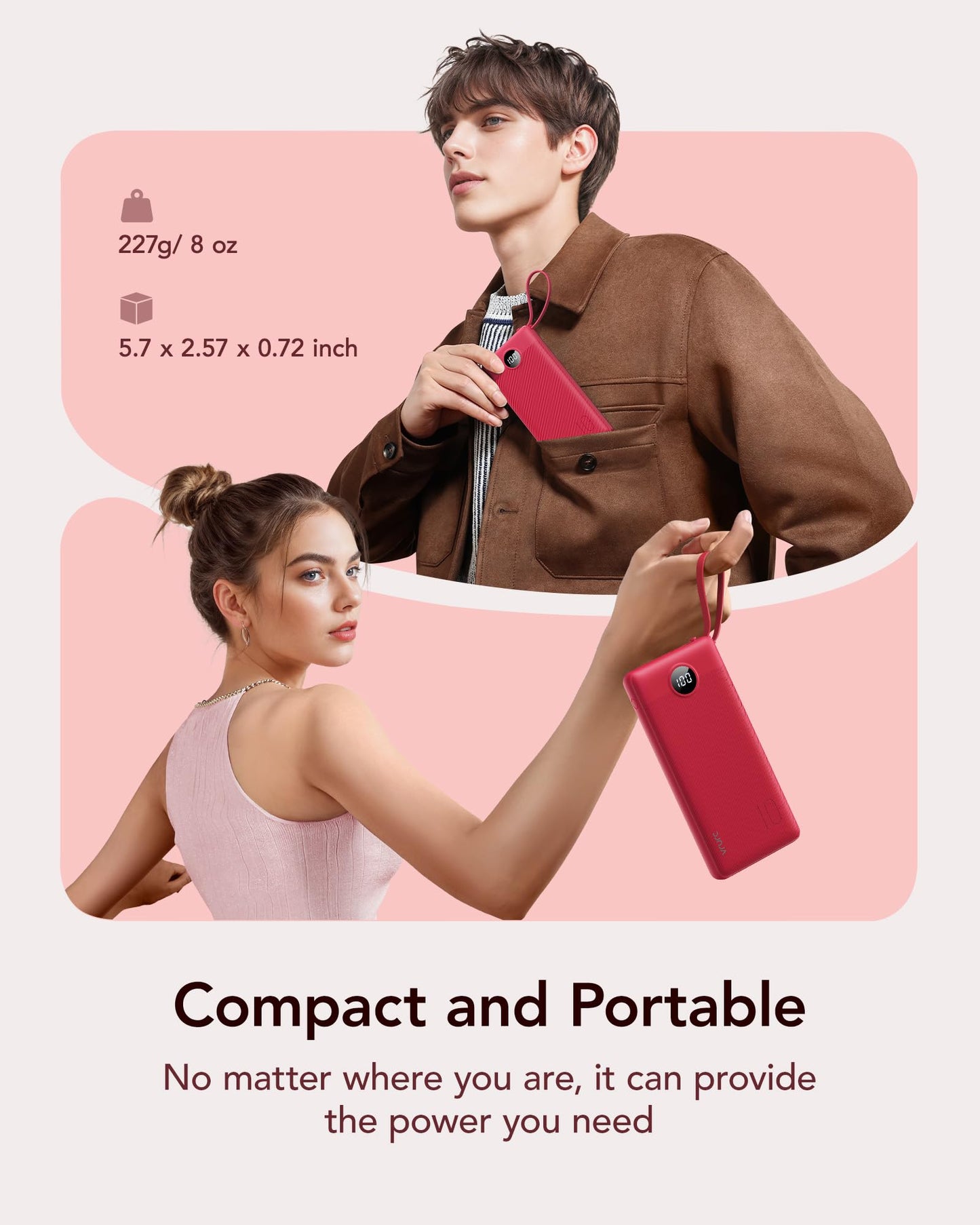 Power Bank With Built in Cables VRURC 10000mAh ,USB C Battery Pack Portable Charger with 5 Outputs 2 Inputs Powerbank LED Display compatible with iPhone 14 13 12 Samsung S21 S20 Xiaomi iPad