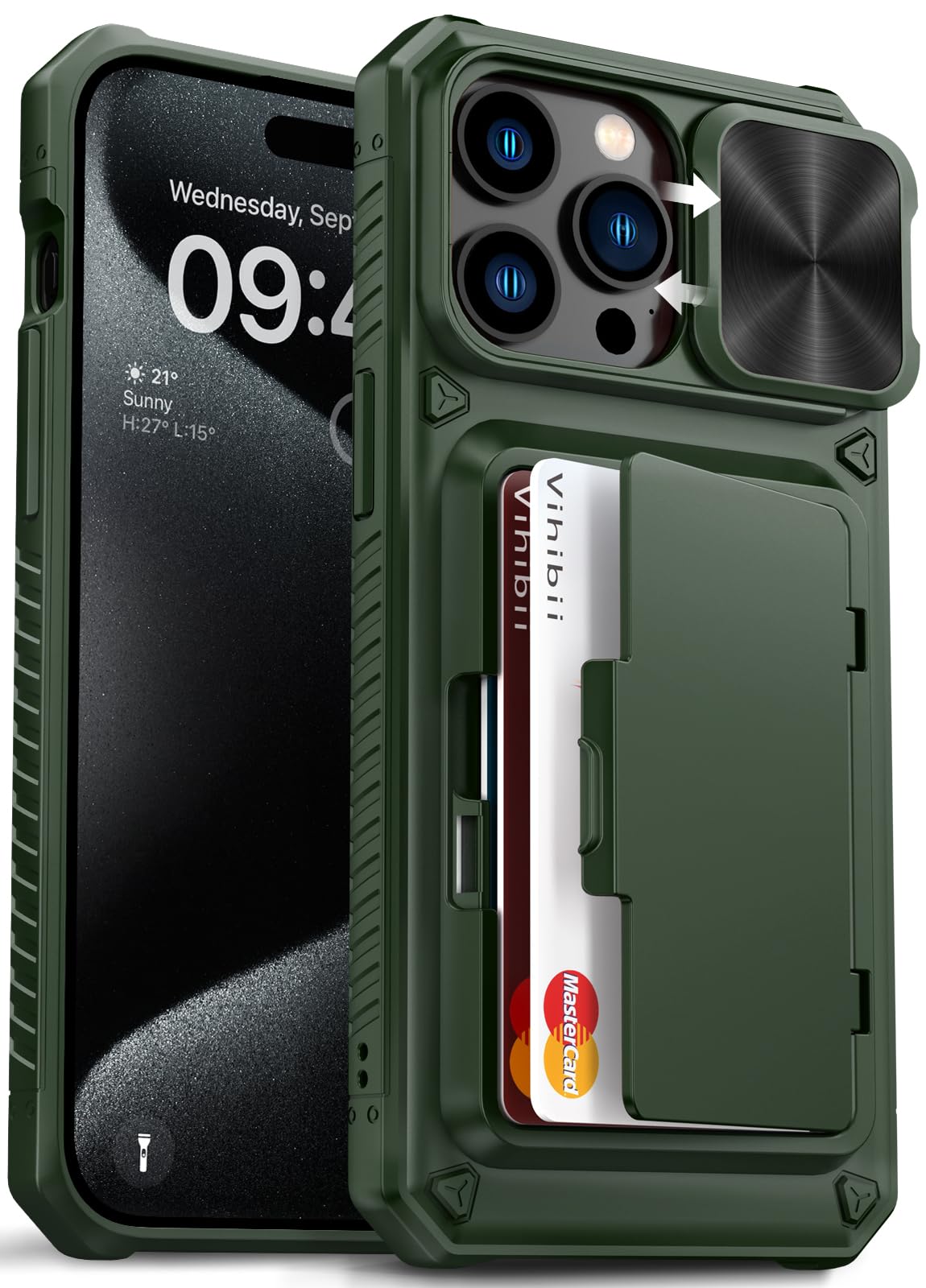Vihibii for iPhone 15 Pro Max Case with Card Holder & Slide Camera Cover & Kickstand, Military Grade Drop Protection, Rugged Hard Back & Silicone Edge Wallet Phone Case