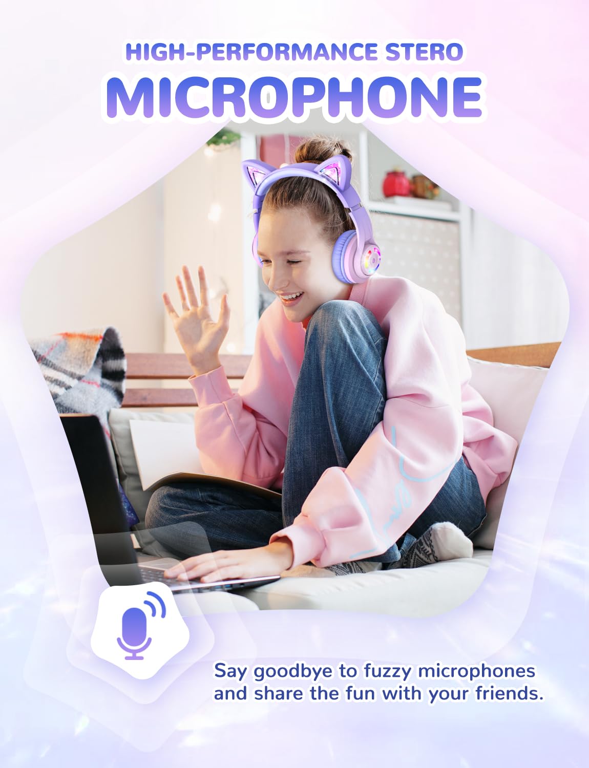 iClever Bluetooth Kids Headphones,Cat Ear LED Light Up Kids Wireless Headphones, 50H Playtime Volume Limiting Children Headphones with Microphone Over Ear for School/Tablet/PC