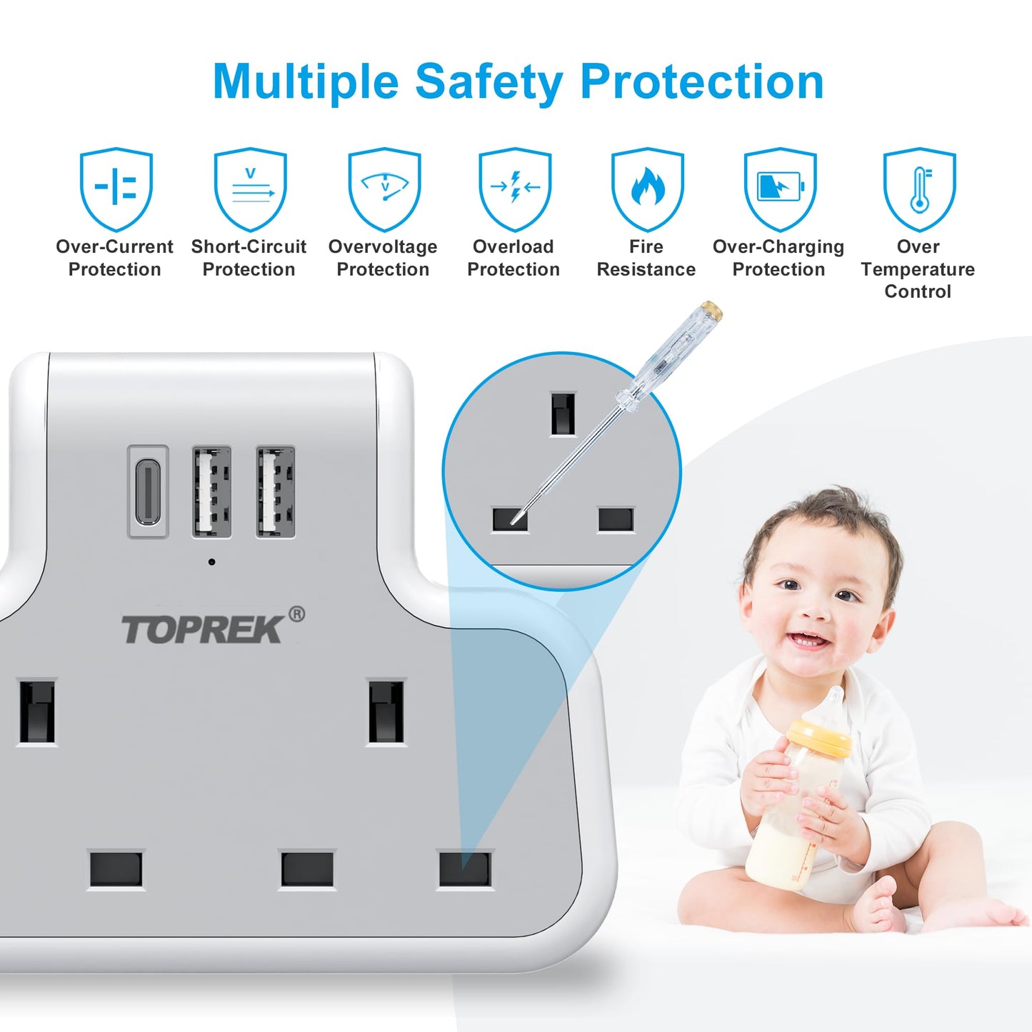 TOPREK Multi Plug Adaptor, Double Plug Adapter UK, 2USB-A & 1USB-C Plug Extension Socket, Slim Wall Extension Plug socket for Home, Office, Kitchen