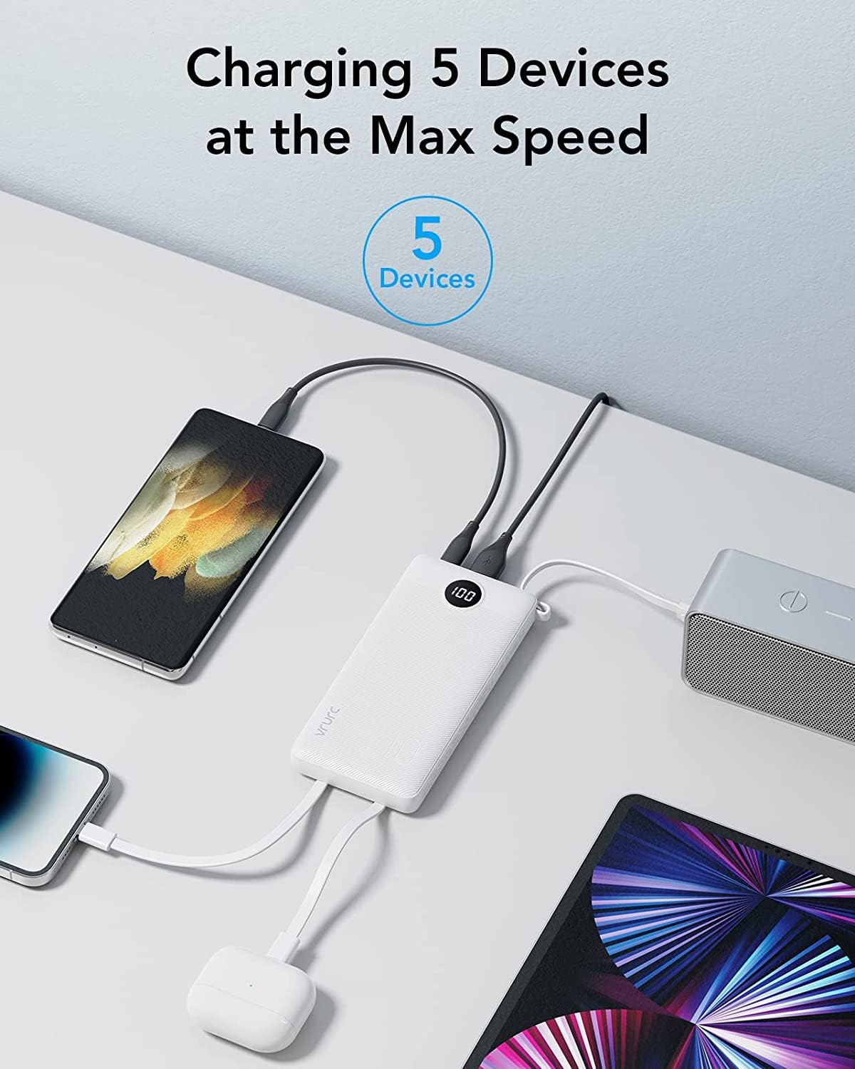 Power Bank With Built in Cables VRURC 10000mAh ,USB C Battery Pack Portable Charger with 5 Outputs 2 Inputs Powerbank LED Display compatible with iPhone 14 13 12 Samsung S21 S20 Xiaomi iPad