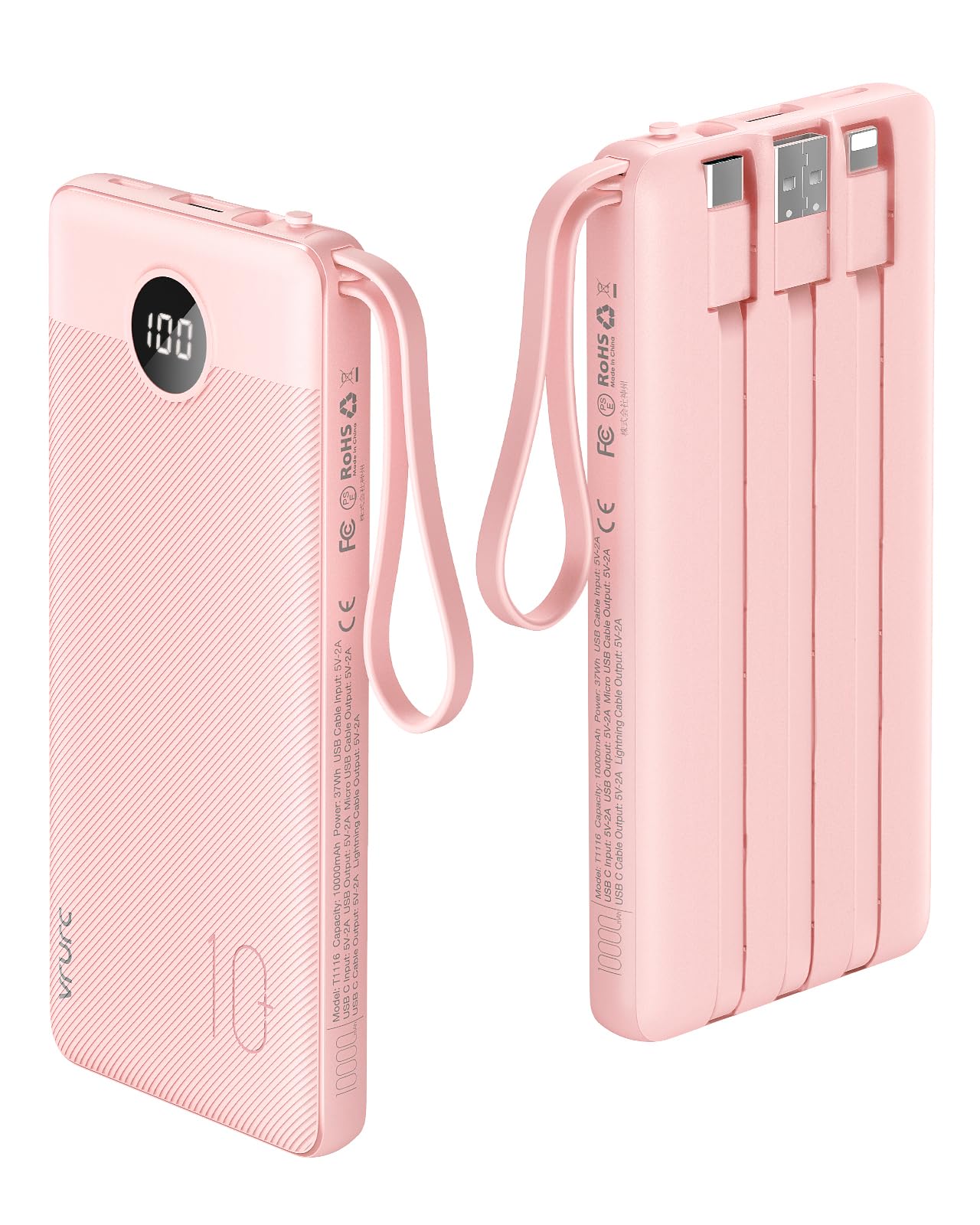 Power Bank With Built in Cables VRURC 10000mAh ,USB C Battery Pack Portable Charger with 5 Outputs 2 Inputs Powerbank LED Display compatible with iPhone 14 13 12 Samsung S21 S20 Xiaomi iPad