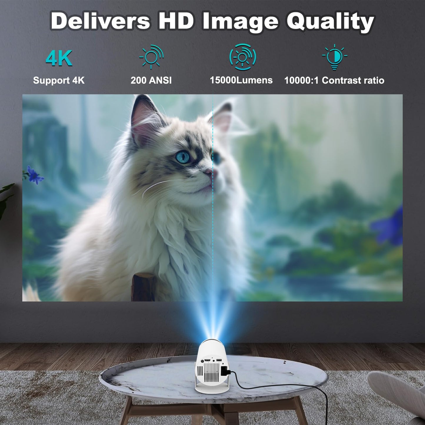 Mini Projector with WIFI 6 and Bluetooth, Support Portable Projector 180° Rotatable 130'' Screen Movie Projector Auto Keystone Compatible for Laptop, PC, Smartphone
