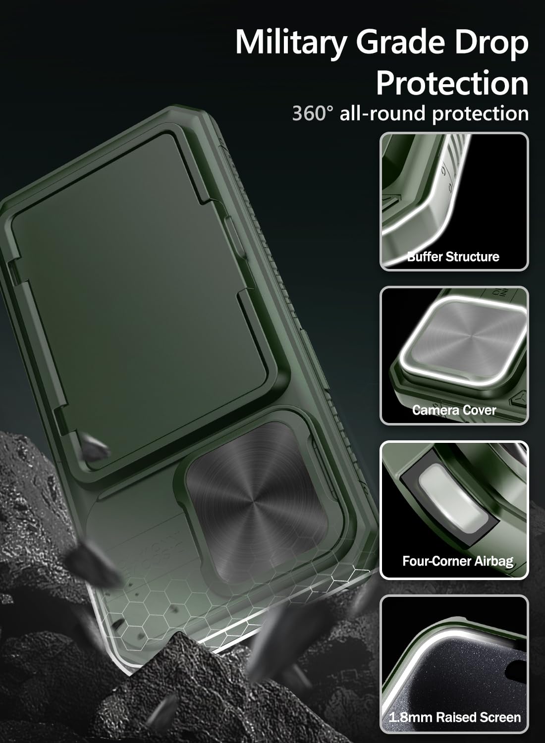 Vihibii for iPhone 15 Pro Max Case with Card Holder & Slide Camera Cover & Kickstand, Military Grade Drop Protection, Rugged Hard Back & Silicone Edge Wallet Phone Case