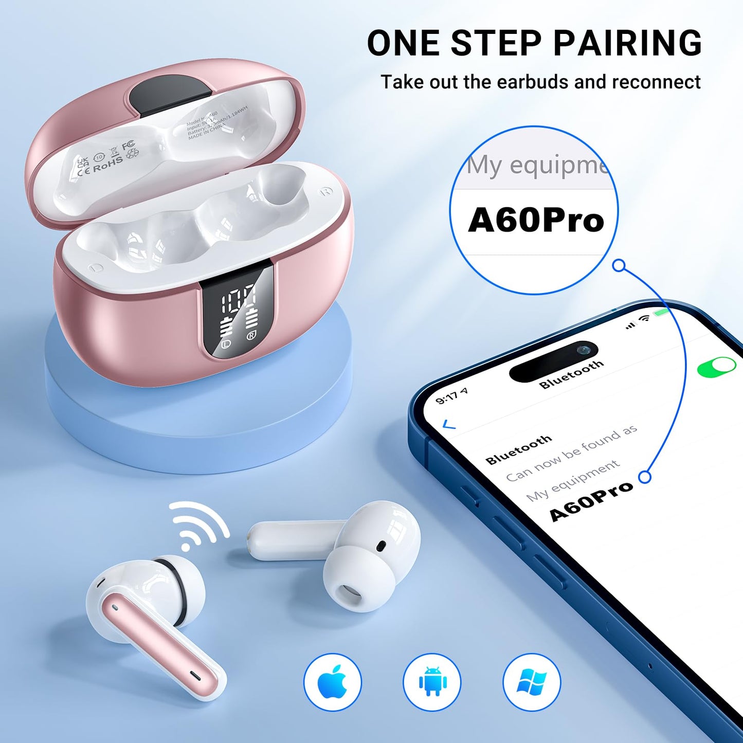 Wireless Earbuds,Earphones Bluetooth 5.3 in Ear with 4 Mic ENC Calls Noise Cancelling Wireless Headphones Mini LED Display HiFi Stereo 42H Playtime Bluetooth Earbuds Touch Control