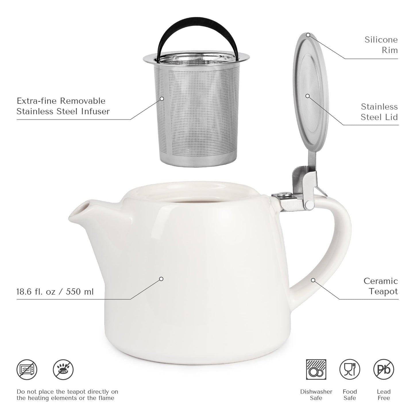 ORNA Ceramic Loose Leaf Teapot with Infuser Strainer and Lid – Small Porcelain Tea Pot Brewer for One or 2 Person