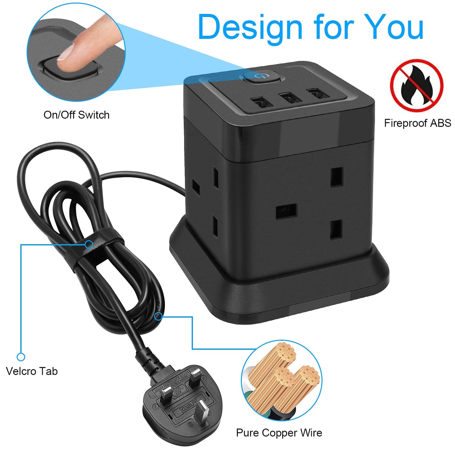 Cube Extension Lead with USB Slots, BEVA 4 Way Multi Plug Power Strip with 3 USB Ports, Desktop Power Extension Socket with 1.5M Extension Cords for Home Dorm Office