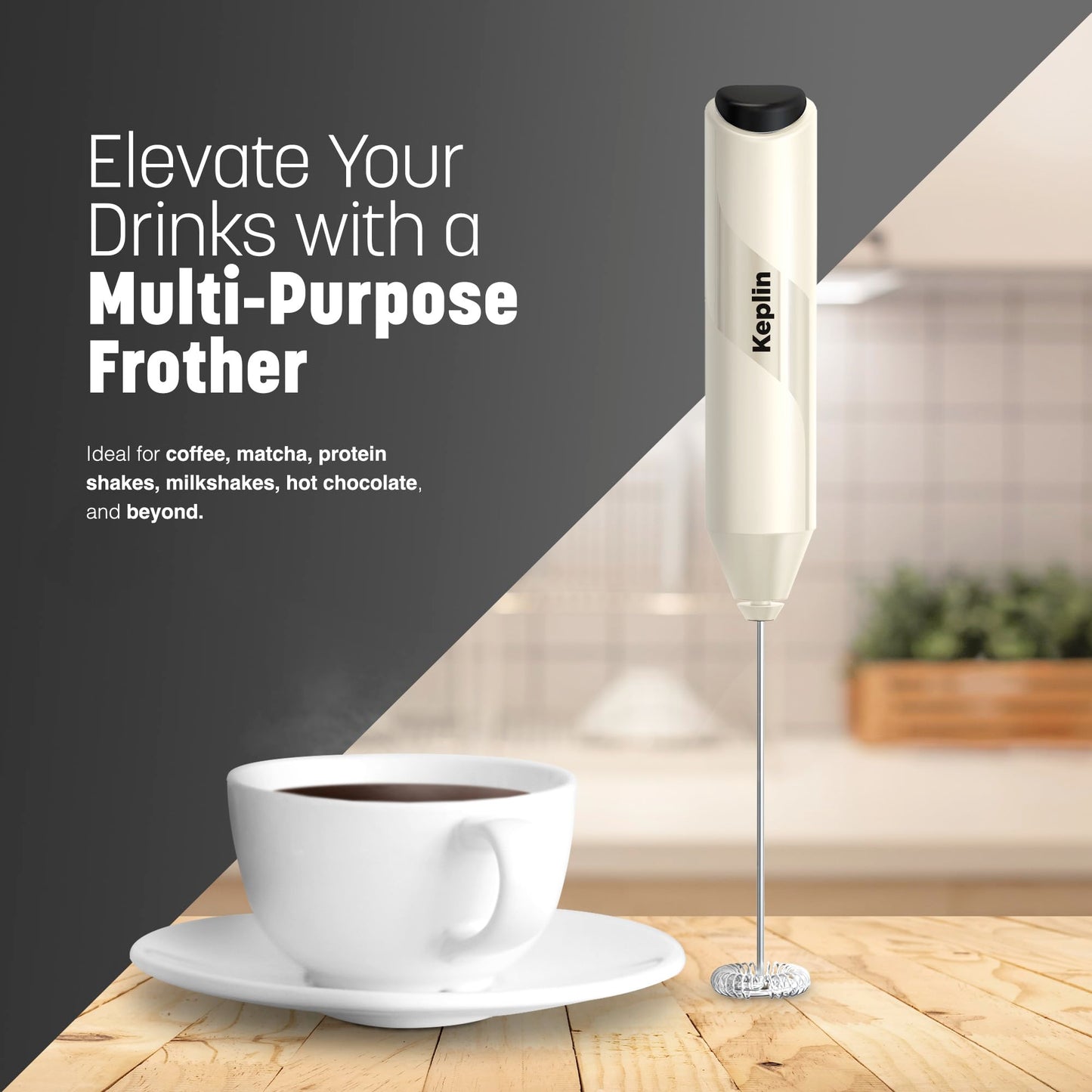 Keplin Handheld Milk Frother - Stainless Steel Electric Whisk - Portable Battery-Operated Coffee Frother for Lattes, Matcha, Protein Shakes - Ergonomic, Compact, Easy to Clean (Battery Not Included)