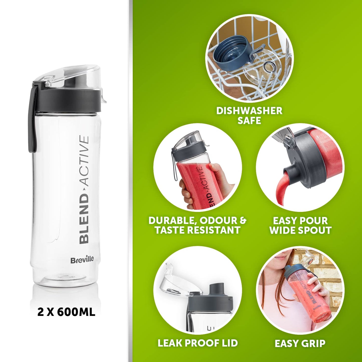 Breville Blend Active Personal Blender & Smoothie Maker | 350W | 2 Portable Blend Active Bottles (600ml) |Leak Proof Lids White & Green