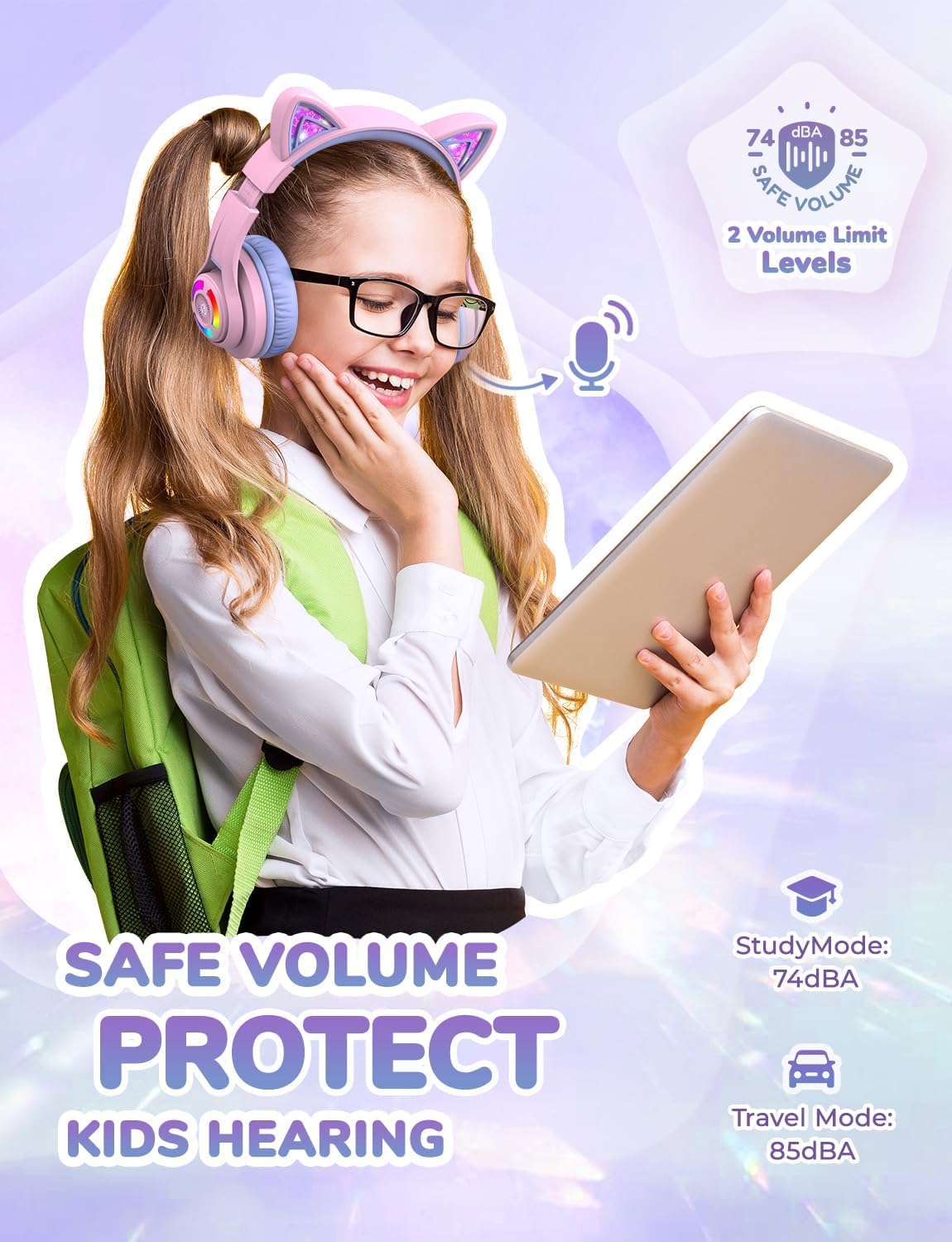 iClever Bluetooth Kids Headphones,Cat Ear LED Light Up Kids Wireless Headphones, 50H Playtime Volume Limiting Children Headphones with Microphone Over Ear for School/Tablet/PC