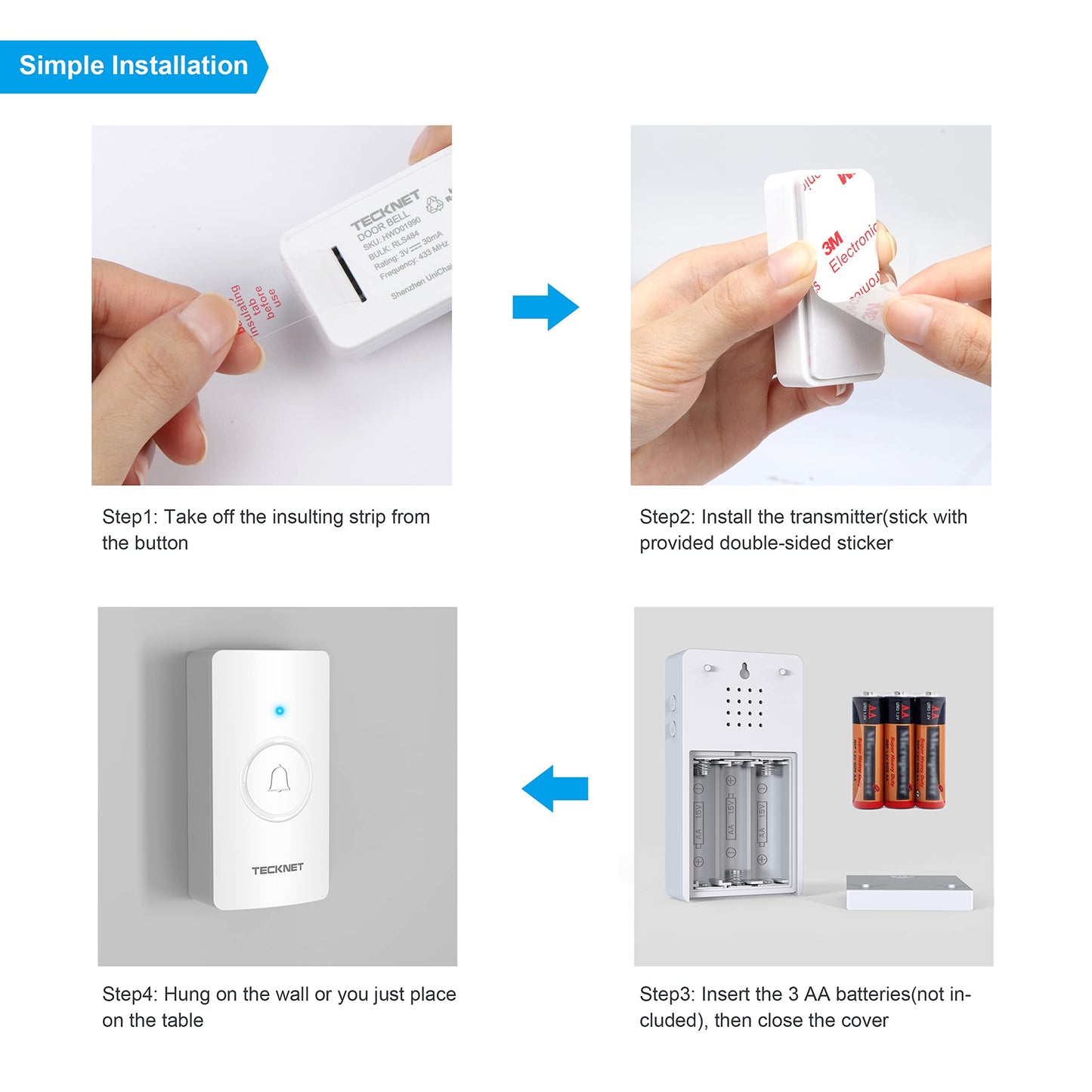 TECKNET Wireless Doorbell – Waterproof, Battery-Operated Cordless Chime Kit with 400M Range, 5 Volume Levels & 60 Chimes