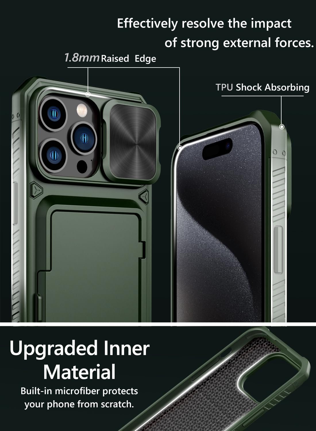 Vihibii for iPhone 15 Pro Max Case with Card Holder & Slide Camera Cover & Kickstand, Military Grade Drop Protection, Rugged Hard Back & Silicone Edge Wallet Phone Case