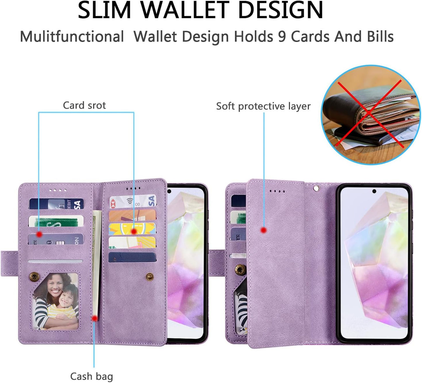 UEEBAI Wallet Case for Samsung Galaxy A15 – Retro PU Leather Flip Cover with 9 Card Slots, Zipper Pocket, Magnetic Closure, Kickstand & Wrist Strap, Shockproof Protective Case