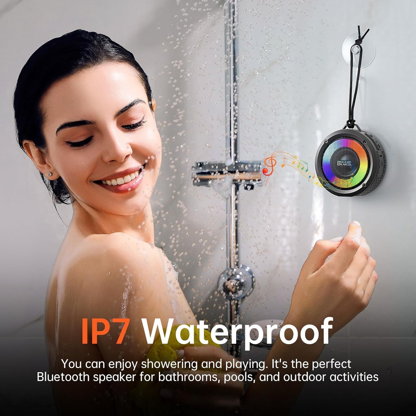Bluetooth Shower Speaker, Portable Bluetooth Speaker HD Sound with Suction Cup/Lanyard, IPX7 Waterproof Wireless Speaker with RGB Light, Built-in Mic, USB, Mini Speaker for Bathroom, Party, Outdoor