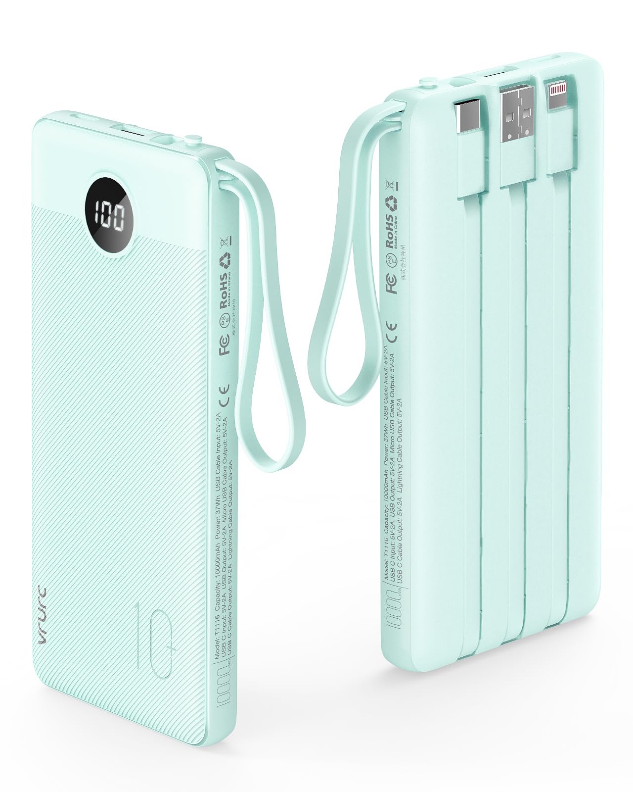 Power Bank With Built in Cables VRURC 10000mAh ,USB C Battery Pack Portable Charger with 5 Outputs 2 Inputs Powerbank LED Display compatible with iPhone 14 13 12 Samsung S21 S20 Xiaomi iPad