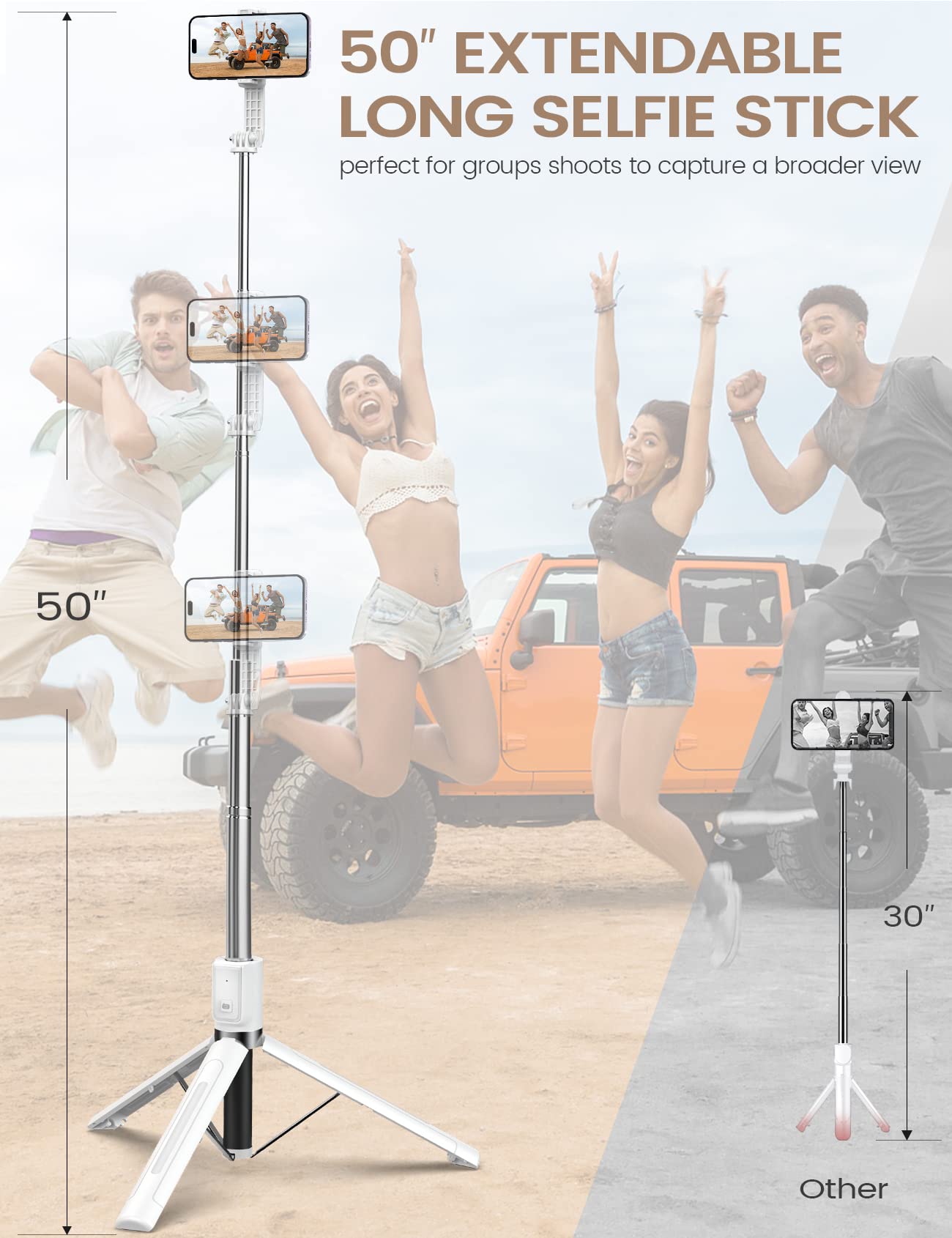 ANXRE Selfie Stick with Reinforced Tripod – 50” Extra Long Adjustable Phone Tripod with Detachable Wireless Remote, Compatible with iPhone & Samsung Smartphones
