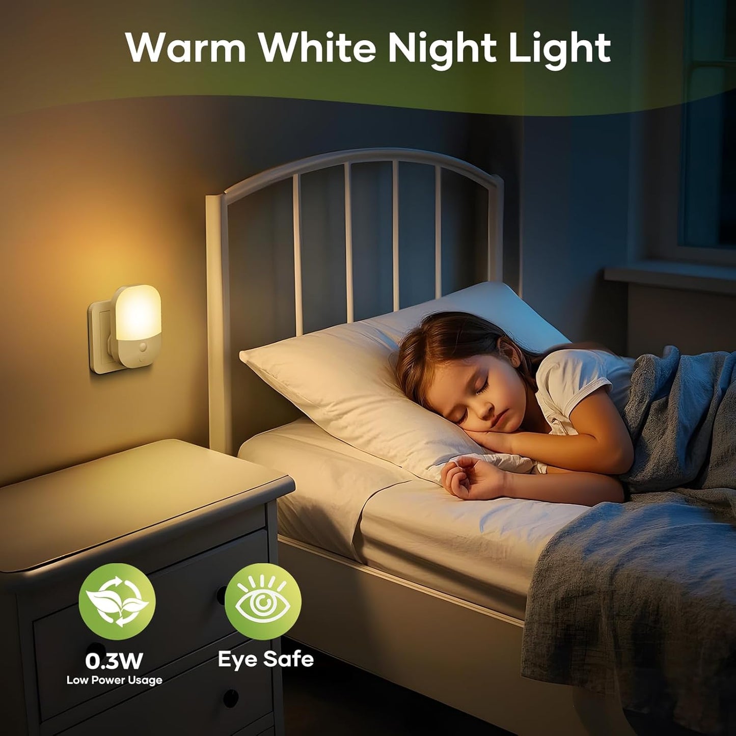 Night Light Plug in Wall with Dusk to Dawn Photocell Sensor, 5 Brightness Levels, ON/Off/AUTO Lighting Mode, 3000K Warm White Night Light for Hallways, Stairs, Bedrooms, Kitchen, 0.3W, 1 Pack