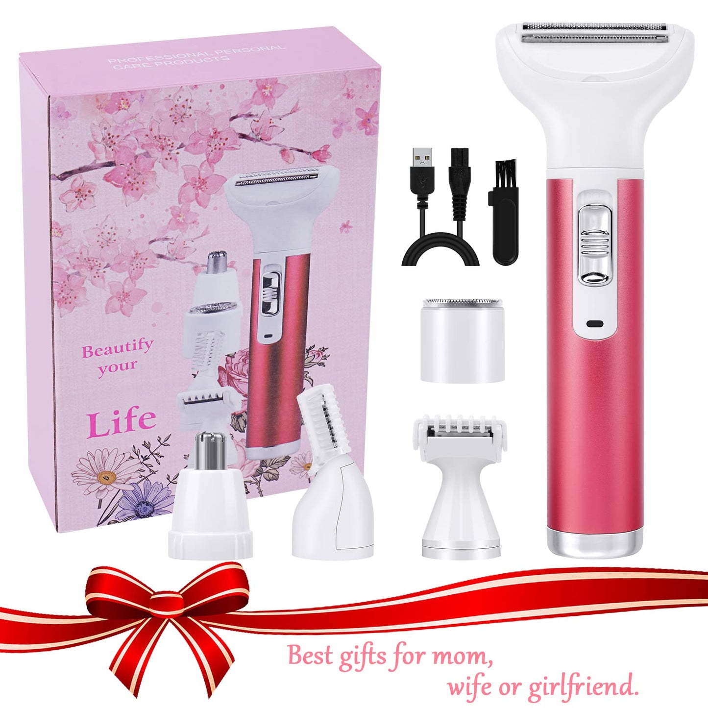 ACWOO Cordless 4 in 1 Electric Lady Shaver for Women, Rechargeable Painless Razor Bikini Trimmer Wet and Dry Hair Removal for Face Legs Underarm Nose and Eyebrow
