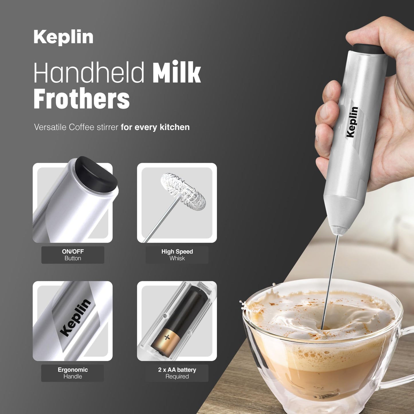 Keplin Handheld Milk Frother - Stainless Steel Electric Whisk - Portable Battery-Operated Coffee Frother for Lattes, Matcha, Protein Shakes - Ergonomic, Compact, Easy to Clean (Battery Not Included)