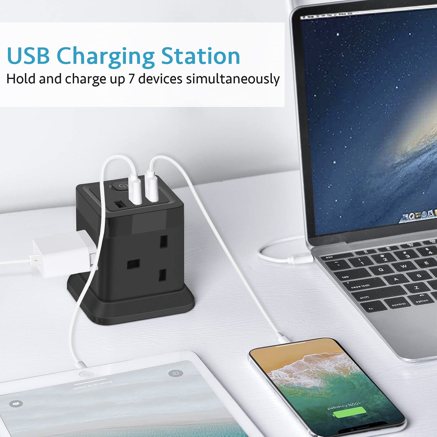 Cube Extension Lead with USB Slots, BEVA 4 Way Multi Plug Power Strip with 3 USB Ports, Desktop Power Extension Socket with 1.5M Extension Cords for Home Dorm Office