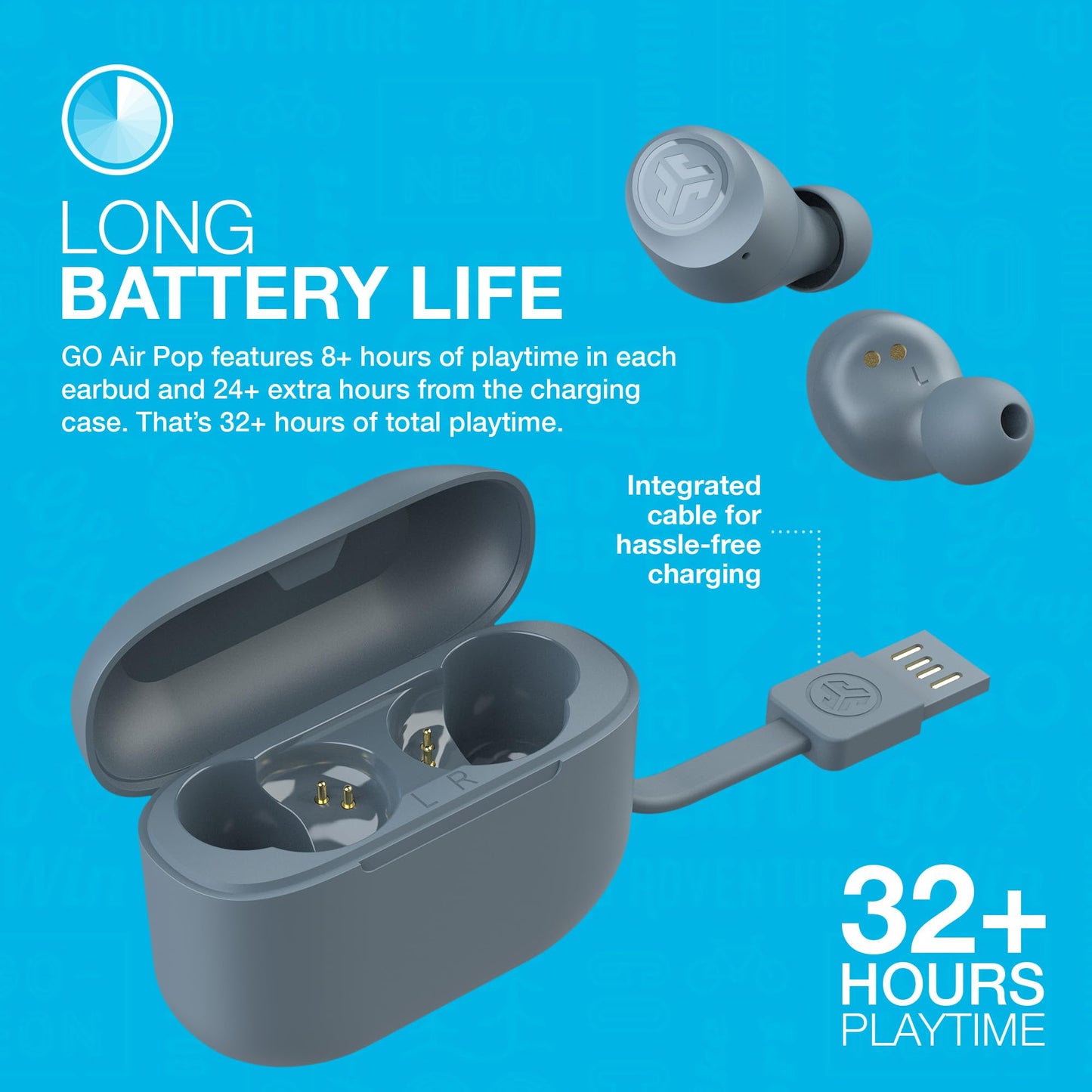 JLab Go Air Pop True Wireless Earbuds, In Ear Headphones, Bluetooth Earphones, Ear Buds with 32H Playtime, Bluetooth Earbuds with Microphone, USB Charging Case, Dual Connect