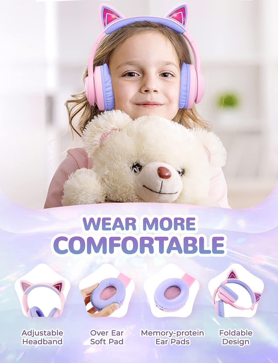 iClever Bluetooth Kids Headphones,Cat Ear LED Light Up Kids Wireless Headphones, 50H Playtime Volume Limiting Children Headphones with Microphone Over Ear for School/Tablet/PC