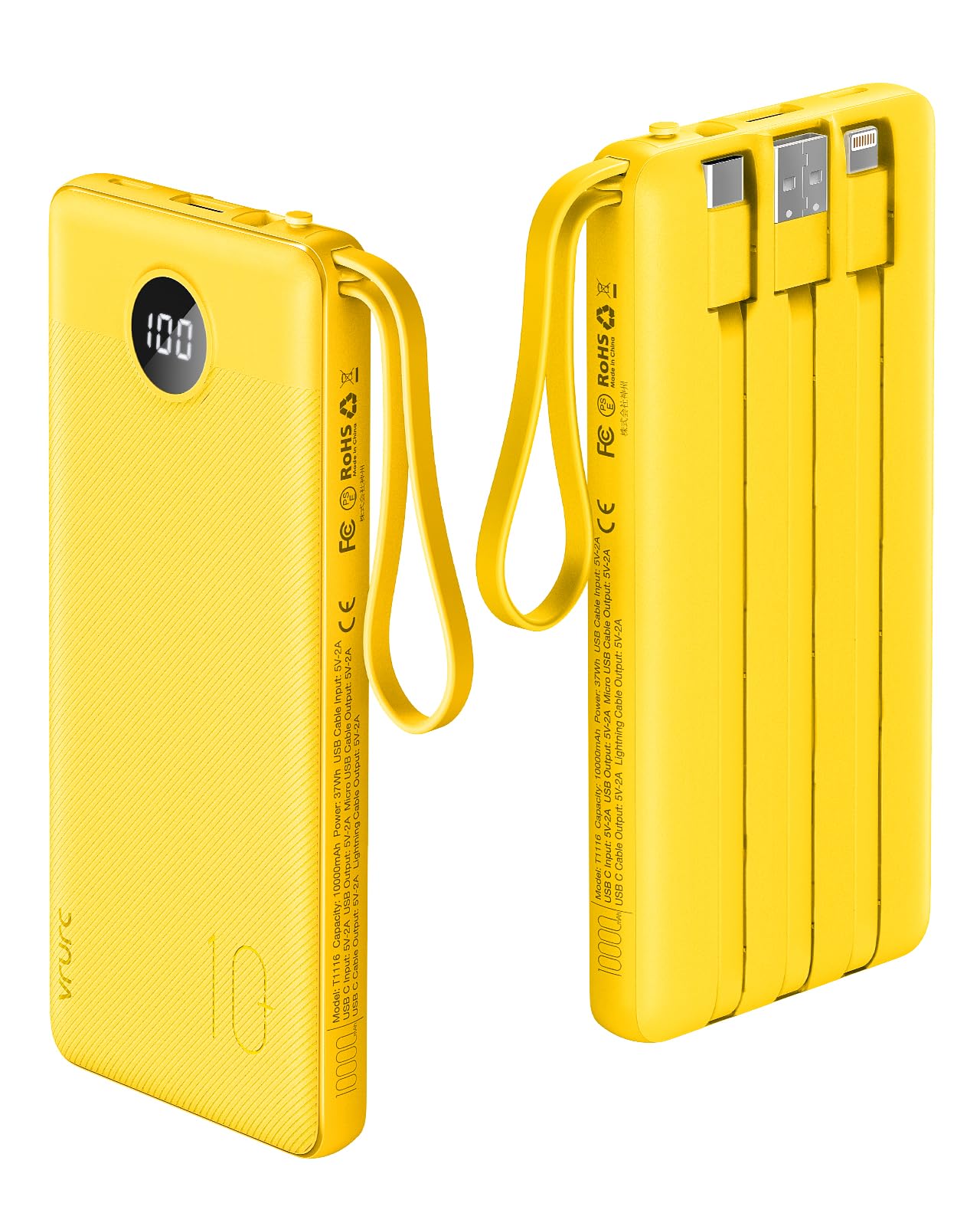 Power Bank With Built in Cables VRURC 10000mAh ,USB C Battery Pack Portable Charger with 5 Outputs 2 Inputs Powerbank LED Display compatible with iPhone 14 13 12 Samsung S21 S20 Xiaomi iPad