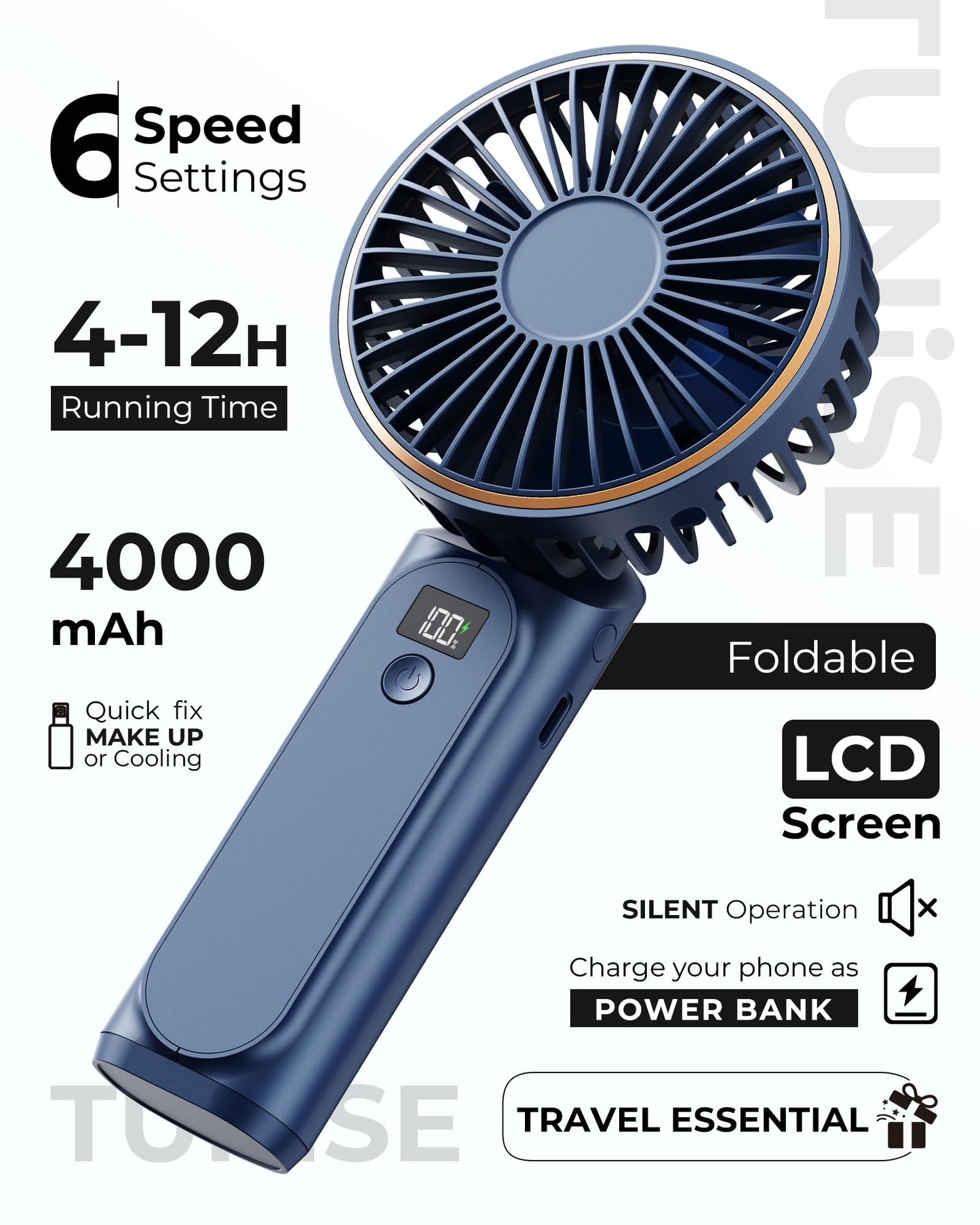 TUNISE Handheld Fan – 4000mAh Portable Rechargeable Fan with LED Display, 6 Speeds, 180° Adjustable, Power Bank Function for Travel & Home