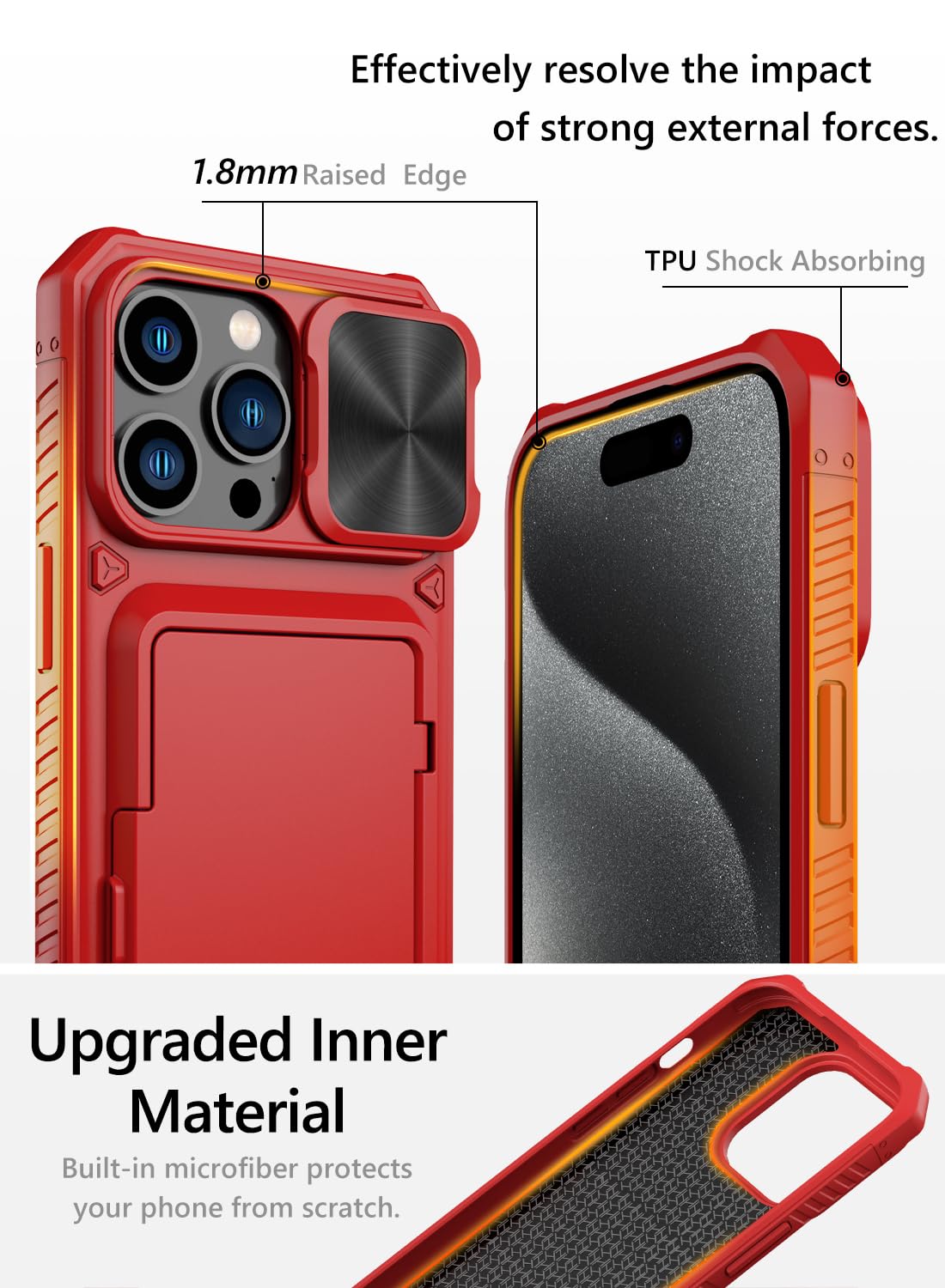 Vihibii for iPhone 15 Pro Max Case with Card Holder & Slide Camera Cover & Kickstand, Military Grade Drop Protection, Rugged Hard Back & Silicone Edge Wallet Phone Case