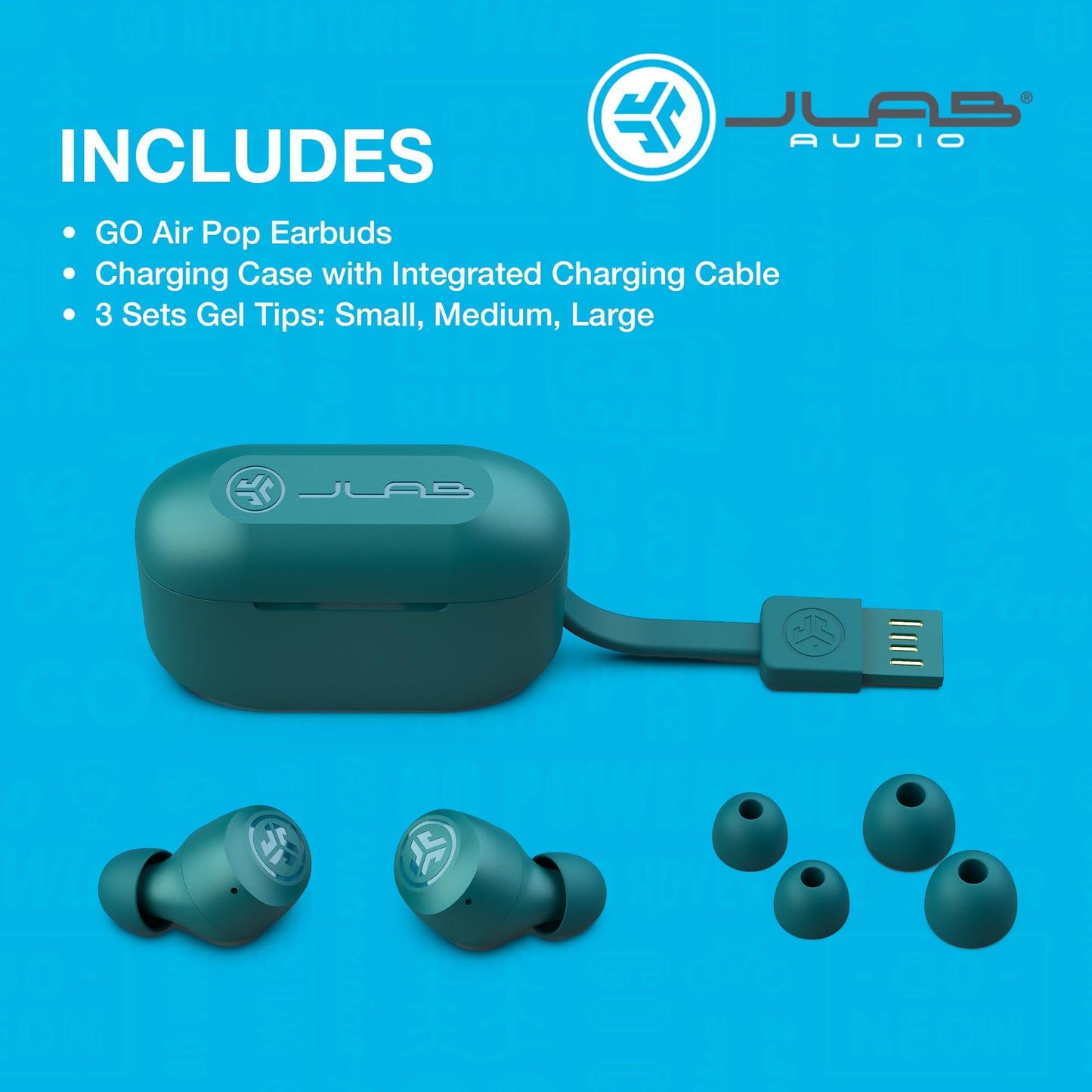 JLab Go Air Pop True Wireless Earbuds, In Ear Headphones, Bluetooth Earphones, Ear Buds with 32H Playtime, Bluetooth Earbuds with Microphone, USB Charging Case, Dual Connect