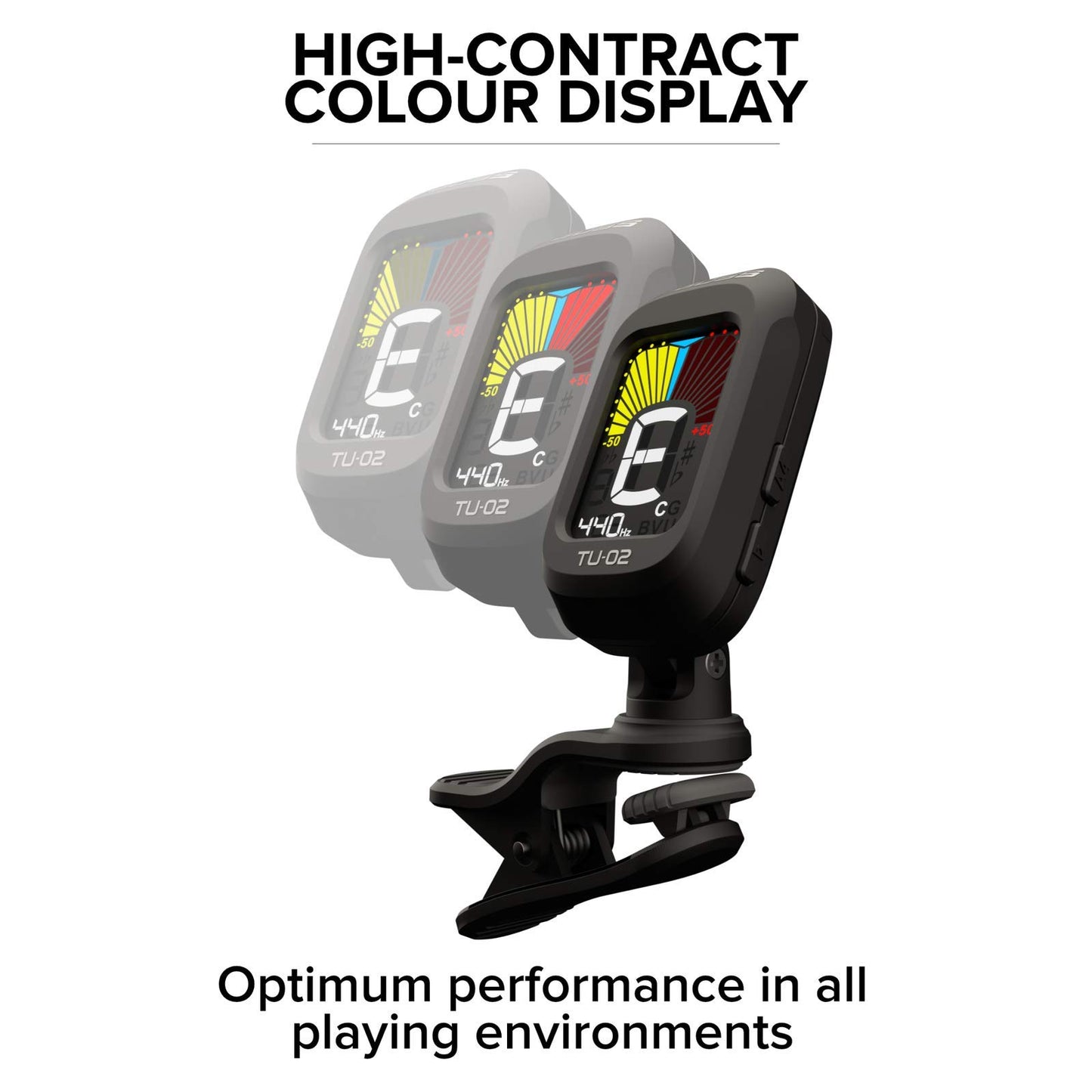 BOSS TU-02 Chromatic Clip-On Tuner for Guitar, Bass & Ukulele – Precise Battery-Powered Tuner with High-Contrast Color Display, Black