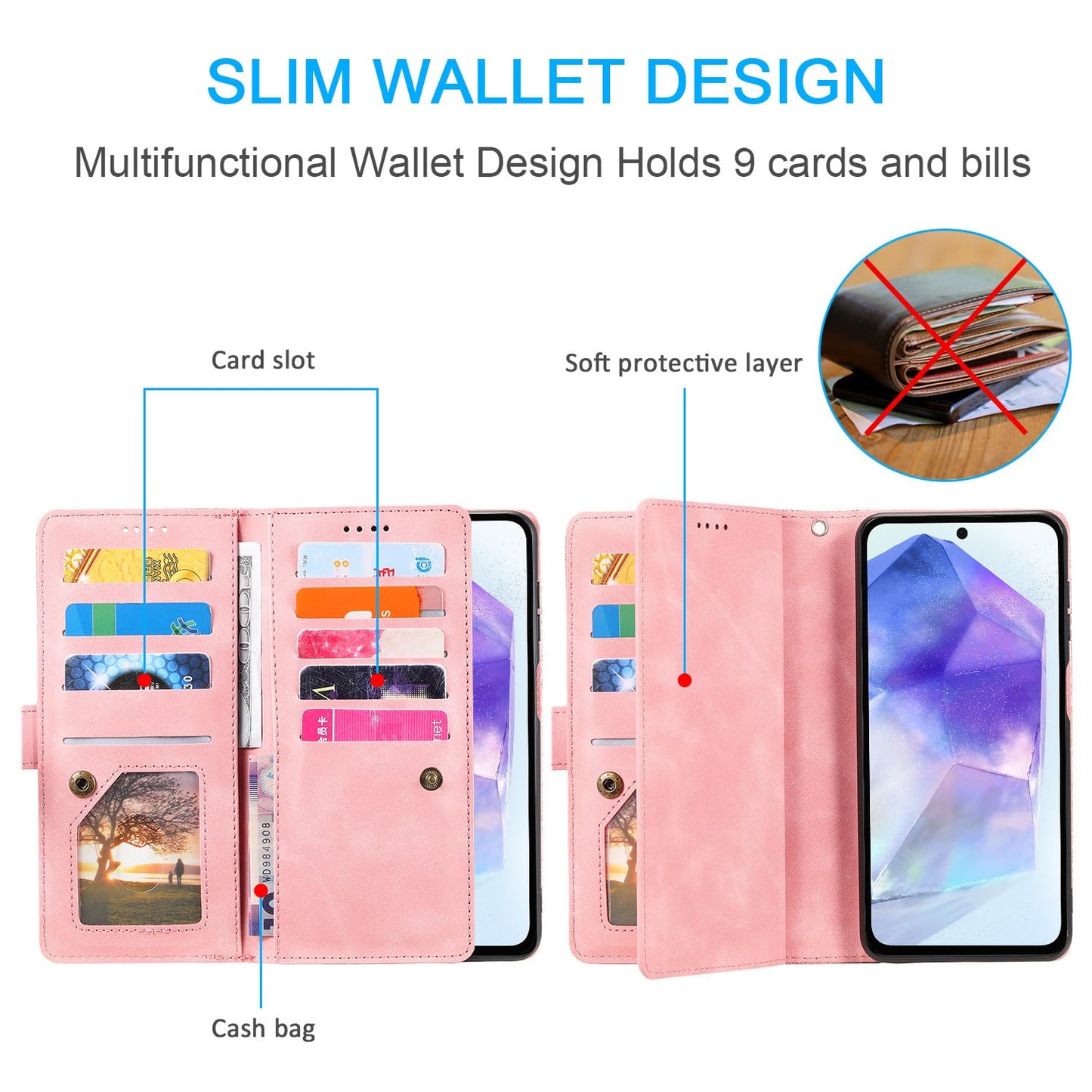 UEEBAI Wallet Case for Samsung Galaxy A15 – Retro PU Leather Flip Cover with 9 Card Slots, Zipper Pocket, Magnetic Closure, Kickstand & Wrist Strap, Shockproof Protective Case