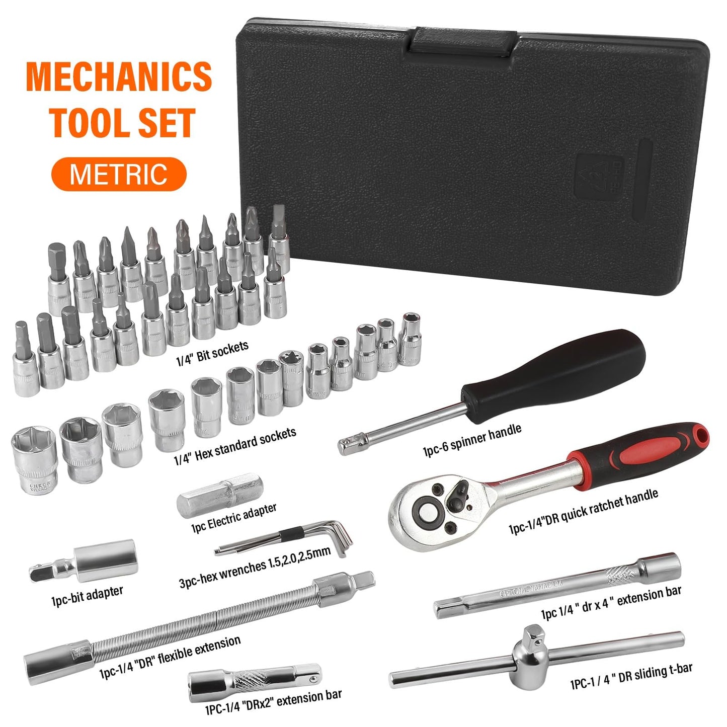 Takezuaa 46 Pieces Socket Wrench Set,Drive Ratchet Wrench Bits & Driver,with Flexible Extension Rods,Quick Release Reversible Ratchet,Spanner Sets with Storage Case