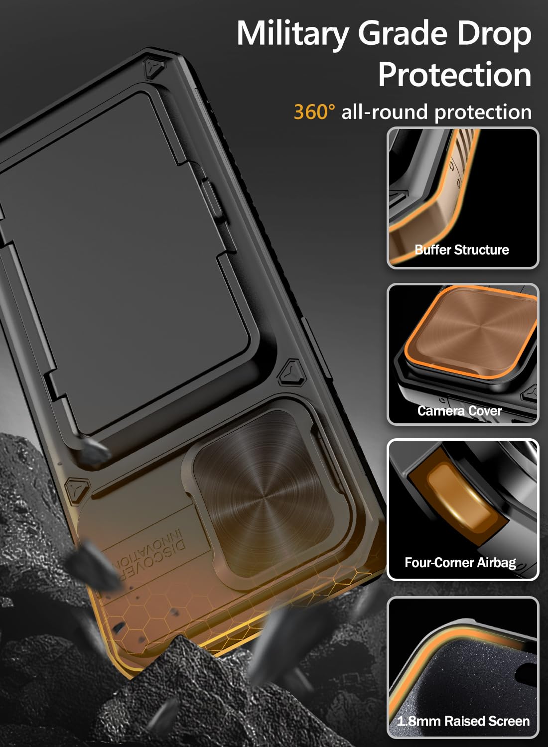 Vihibii for iPhone 15 Pro Max Case with Card Holder & Slide Camera Cover & Kickstand, Military Grade Drop Protection, Rugged Hard Back & Silicone Edge Wallet Phone Case