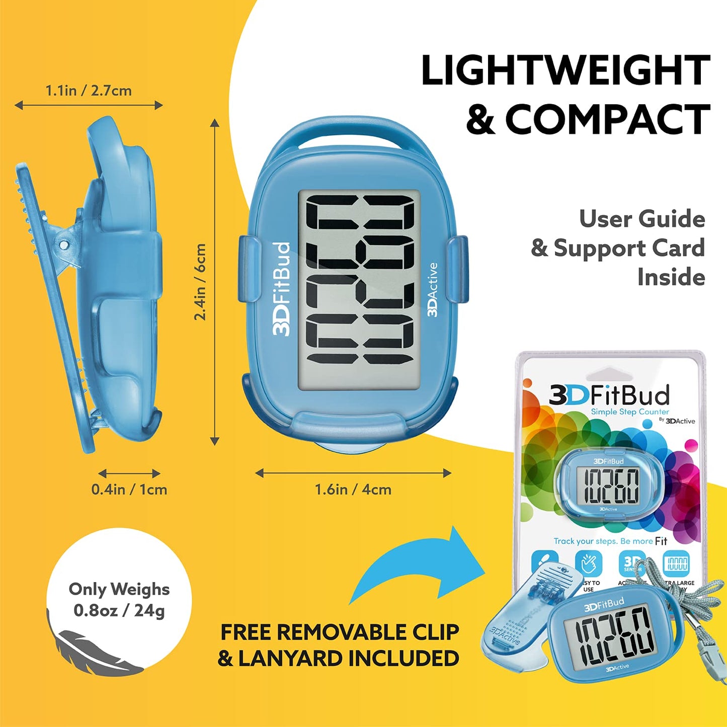 3DFitBud Simple Step Counter Walking 3D Pedometer with Clip and Lanyard, A420S