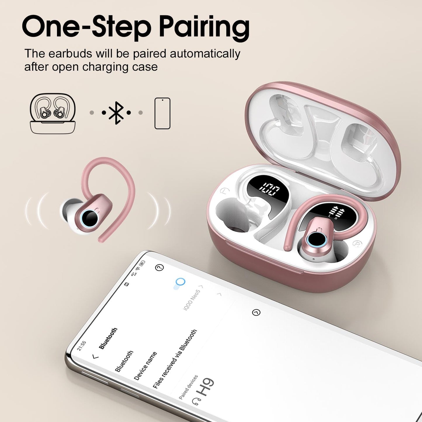 Wireless Earbuds, 2023 Earphones Bluetooth 5.3 Headphones Wireless, Earbuds with Earhooks,Waterproof Stereo Headphones Sport, Dual LED Display, Black