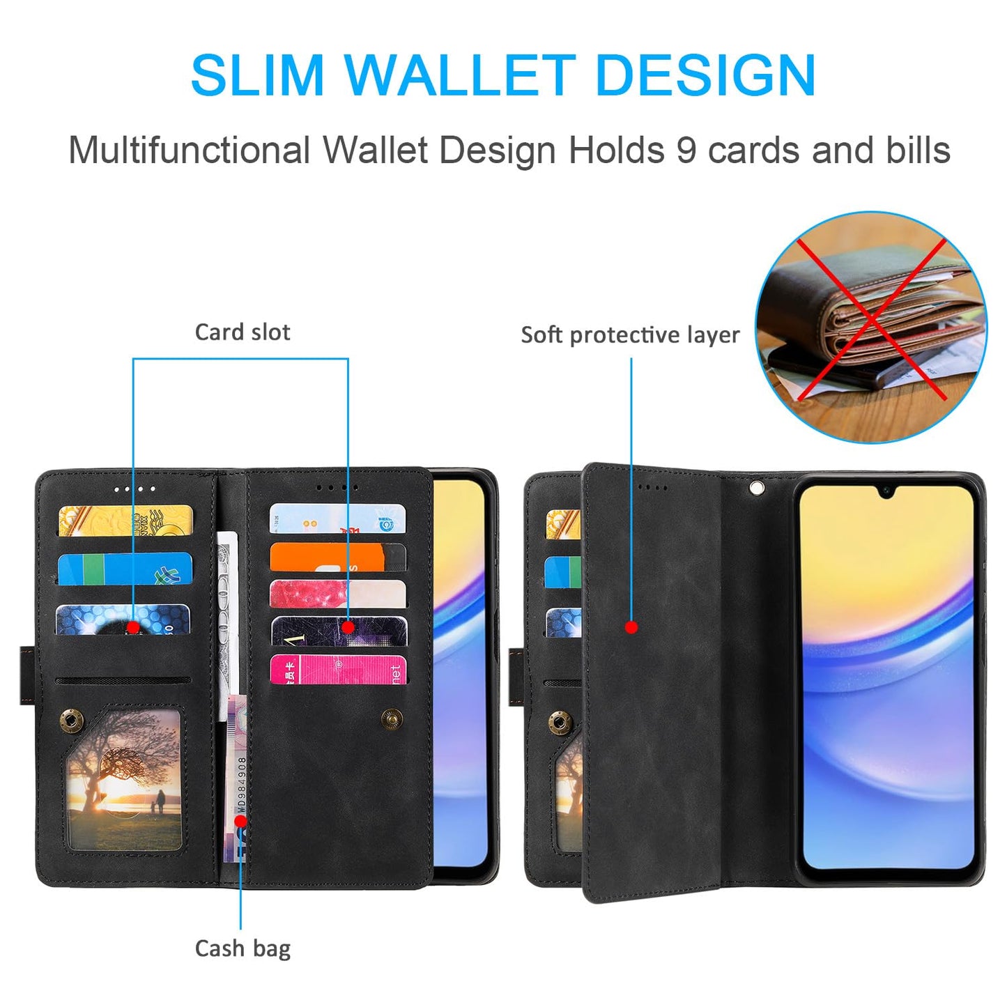UEEBAI Wallet Case for Samsung Galaxy A15 – Retro PU Leather Flip Cover with 9 Card Slots, Zipper Pocket, Magnetic Closure, Kickstand & Wrist Strap, Shockproof Protective Case