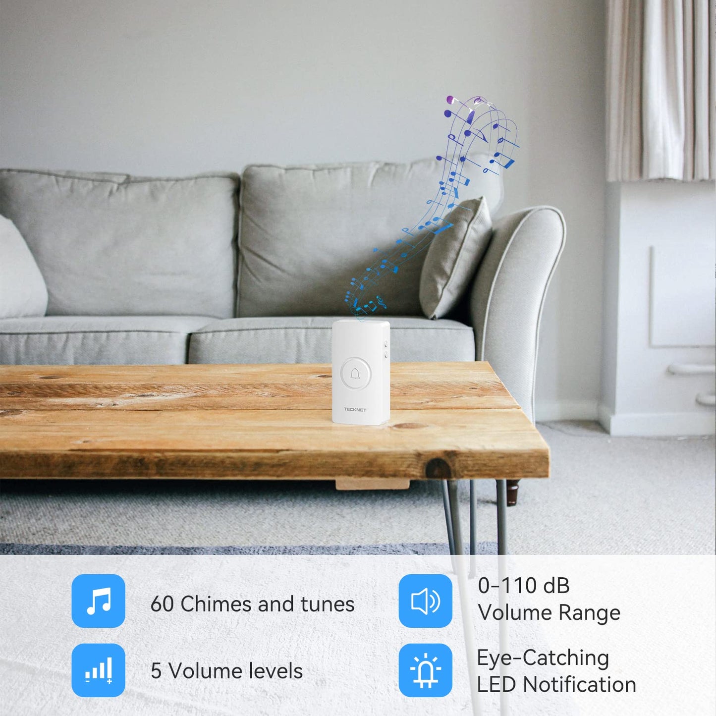 TECKNET Wireless Doorbell – Waterproof, Battery-Operated Cordless Chime Kit with 400M Range, 5 Volume Levels & 60 Chimes