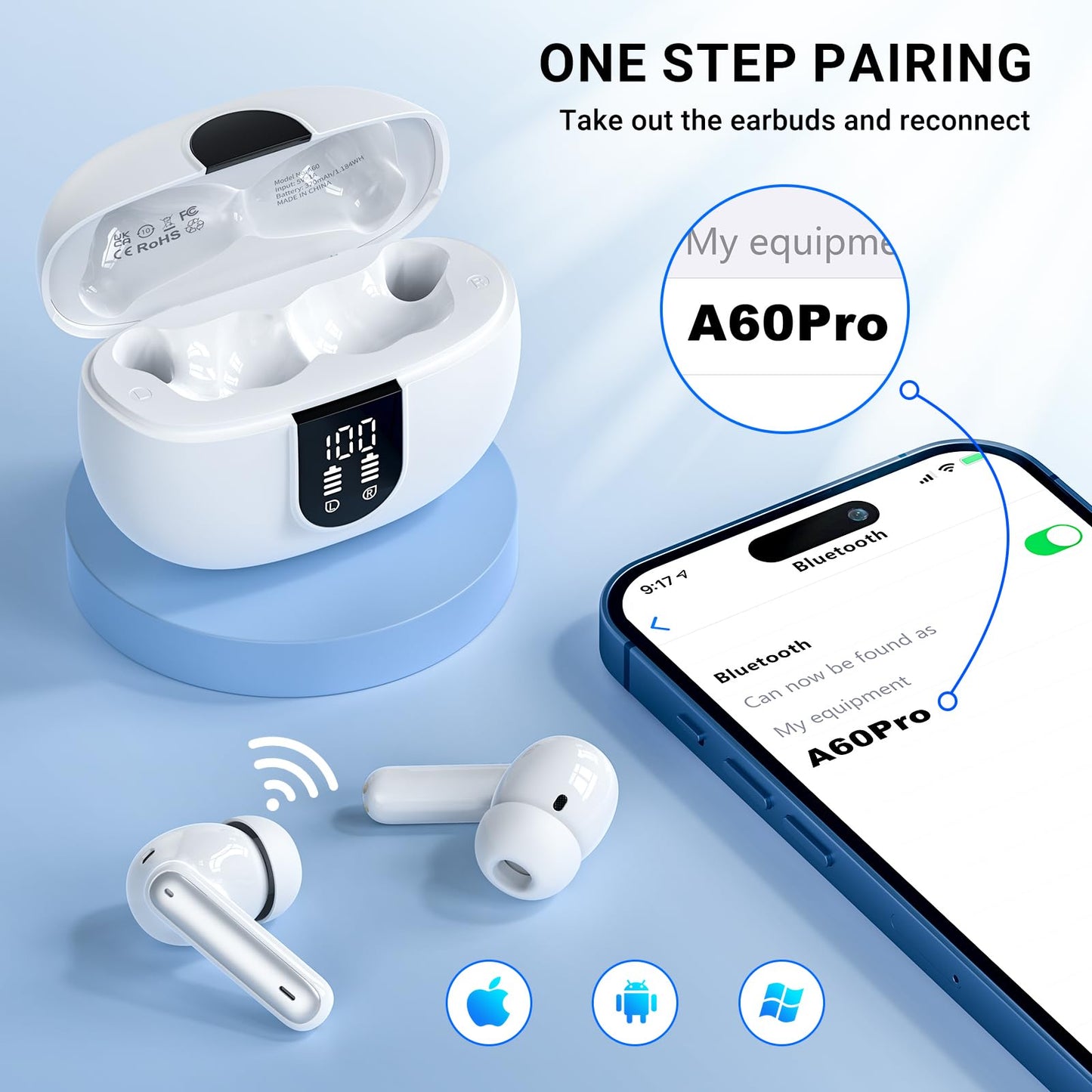 Wireless Earbuds,Earphones Bluetooth 5.3 in Ear with 4 Mic ENC Calls Noise Cancelling Wireless Headphones Mini LED Display HiFi Stereo 42H Playtime Bluetooth Earbuds Touch Control