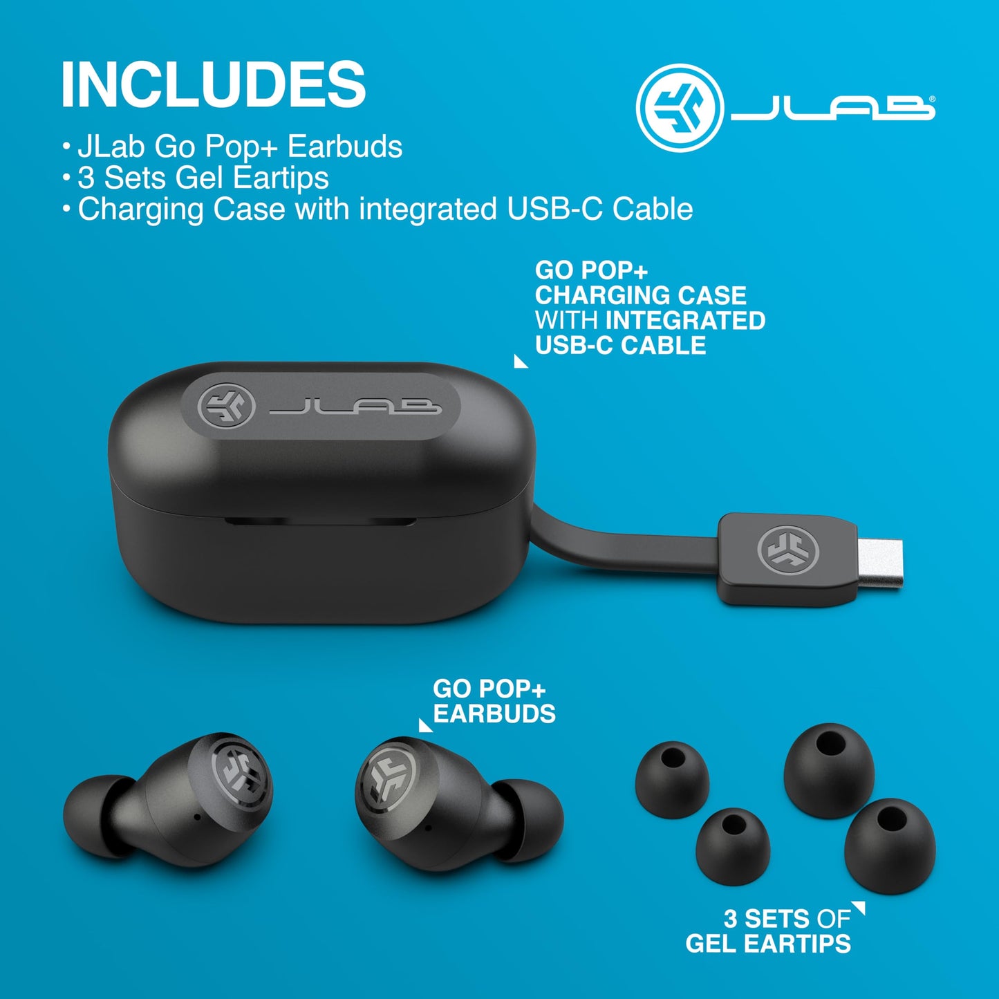 JLab Go Air Pop+ True Wireless Earbuds – Bluetooth Earphones with 35H Playtime, USB-C Charging Case, EQ3 Sound & Multipoint, Black