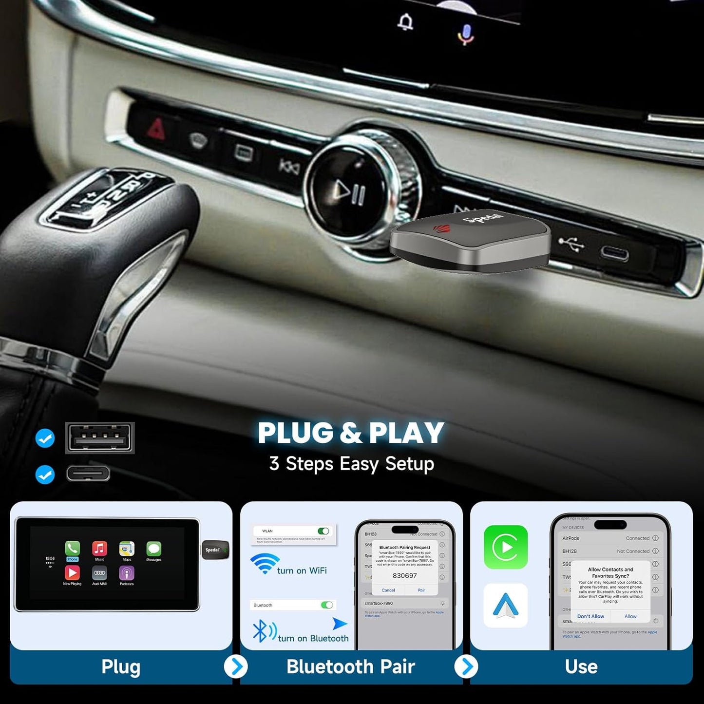 【2025 Mini Wireless CarPlay Adapter UK】Spedal 2-in-1 CarPlay & Android Auto, Converts Wired CarPlay to Wireless, Fit for Cars from 2016 & for iPhone iOS 10+ /Android 11+ Plug & Play, Fast Connection